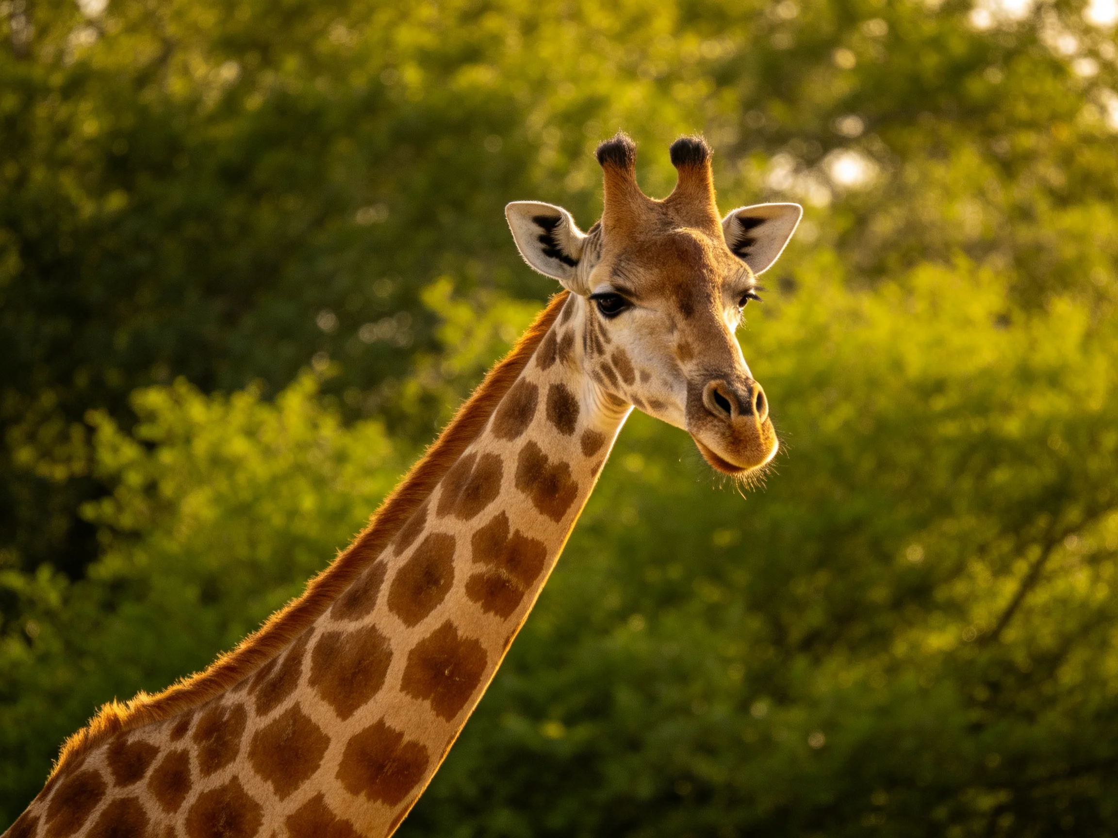 A giraffe with brown patches stands near green trees.