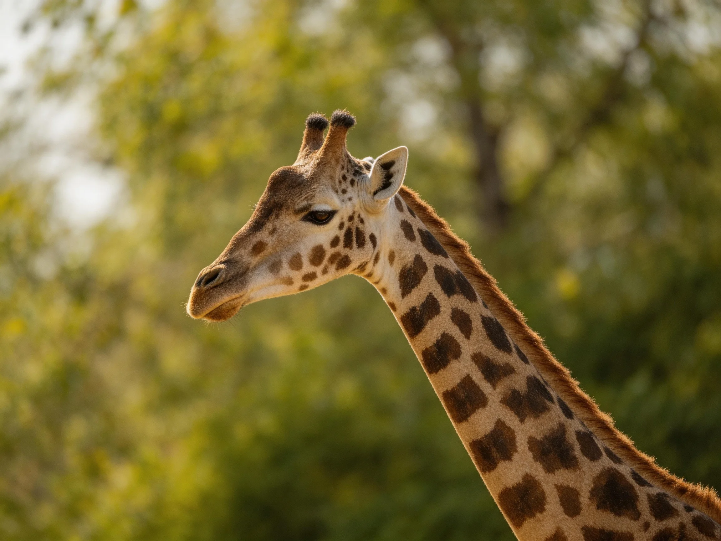 A close - up of a giraffe with brown patches near lush green foliage