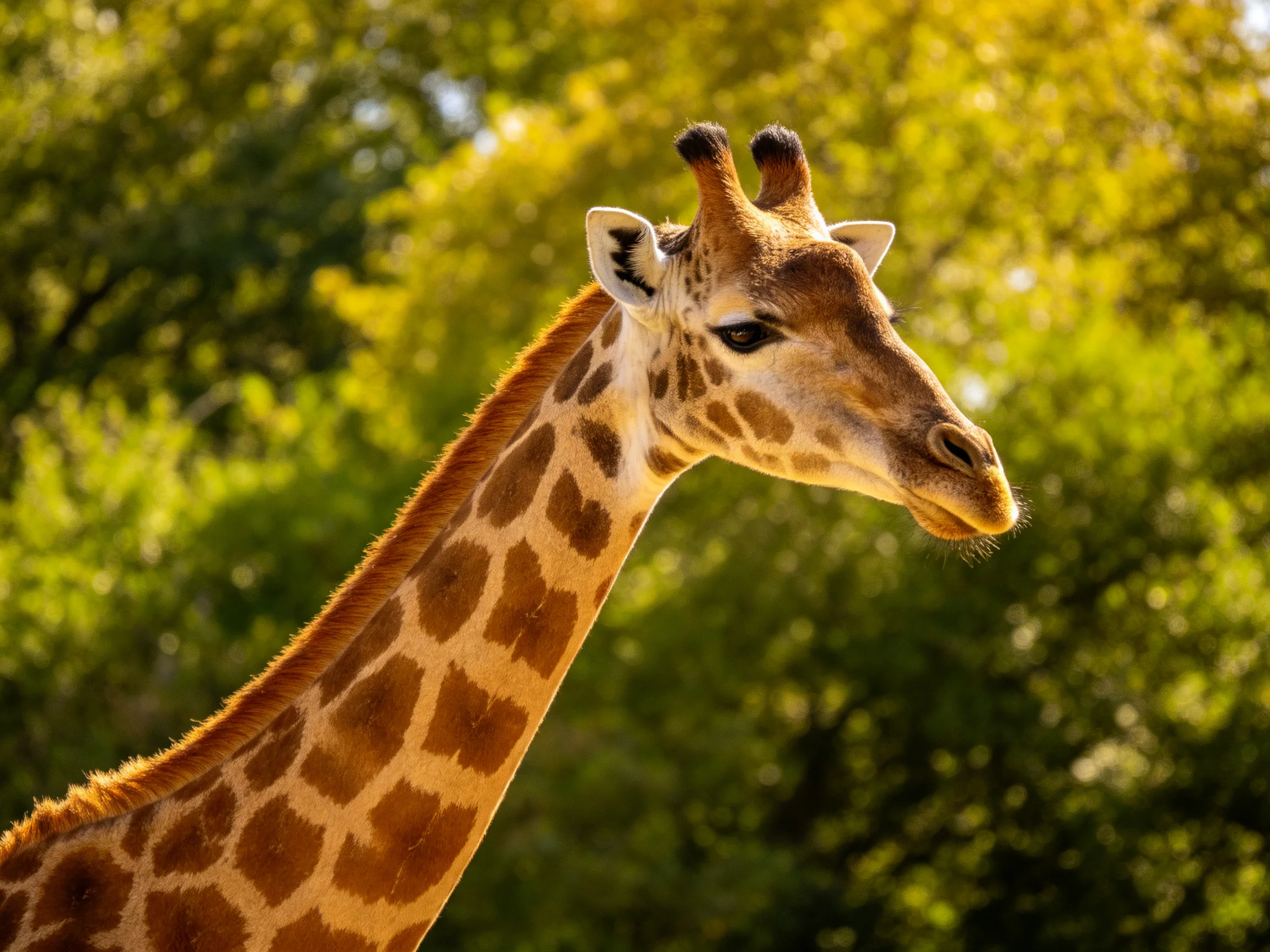 A close - up of a giraffe with brown patchy patterns beside lush green trees