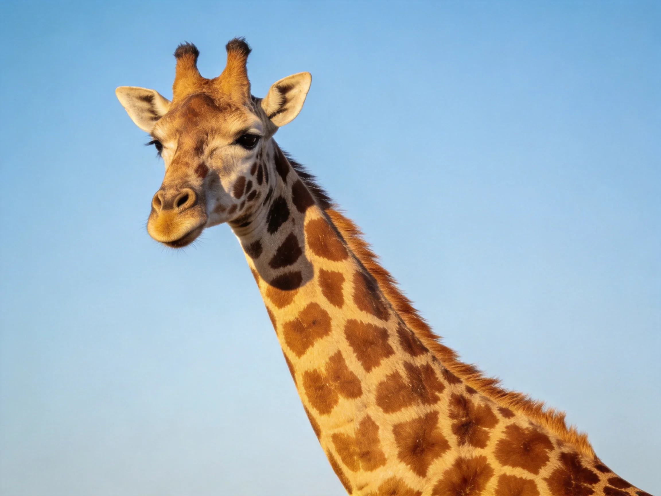 A giraffe with brown patterned patches is shown near a clear blue sky.