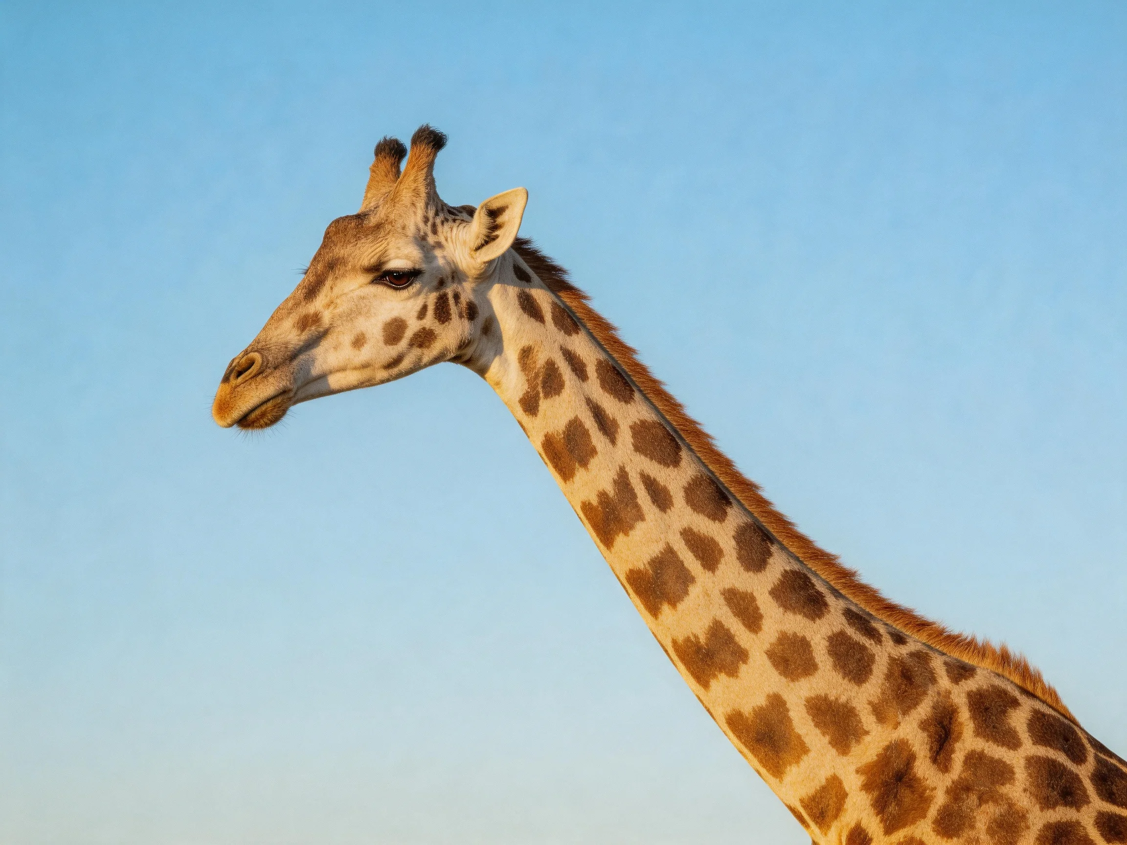 A close - up of a giraffe with brown spots against a clear blue sky