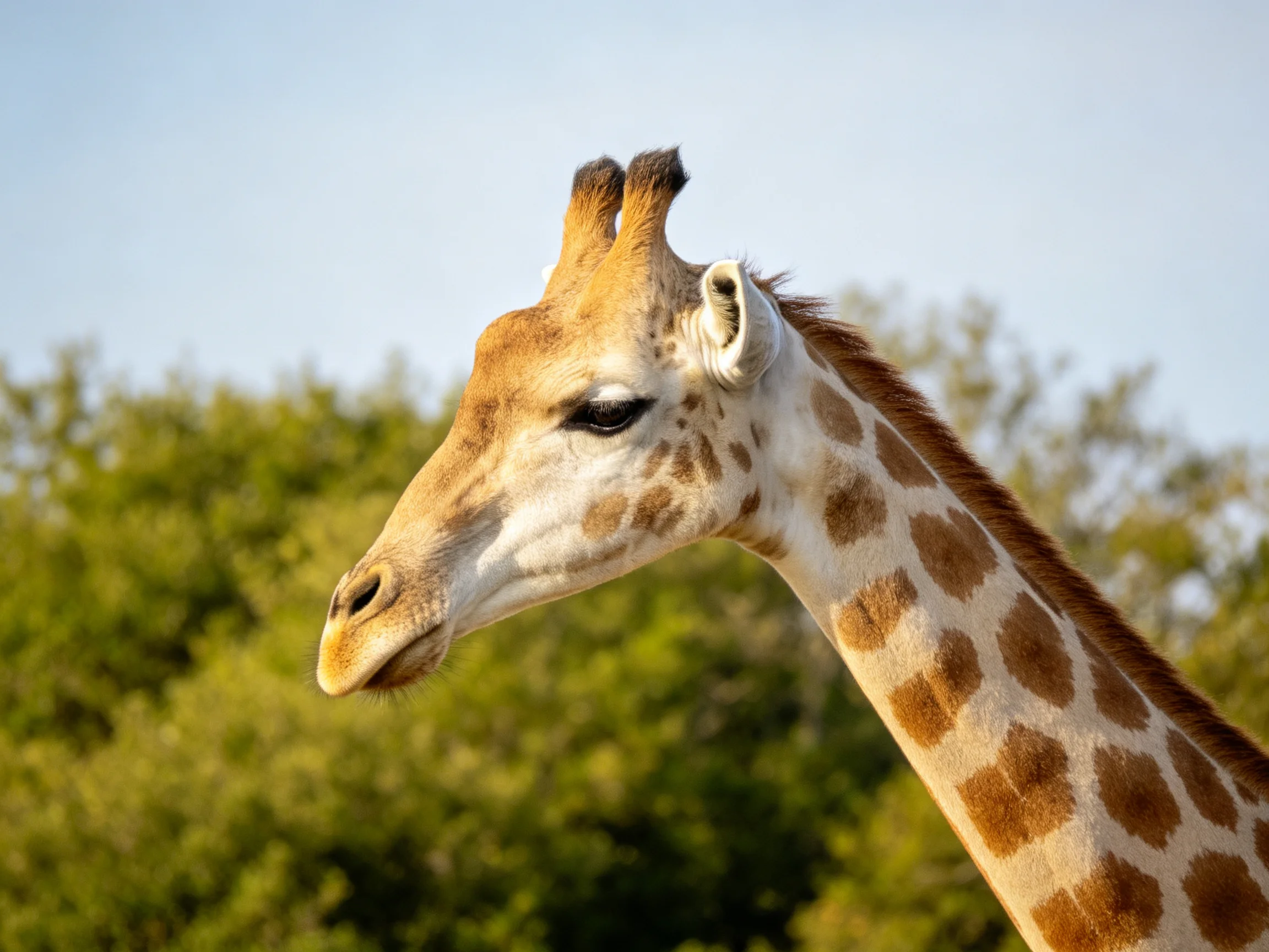 A giraffe with brown spots stands among green trees.