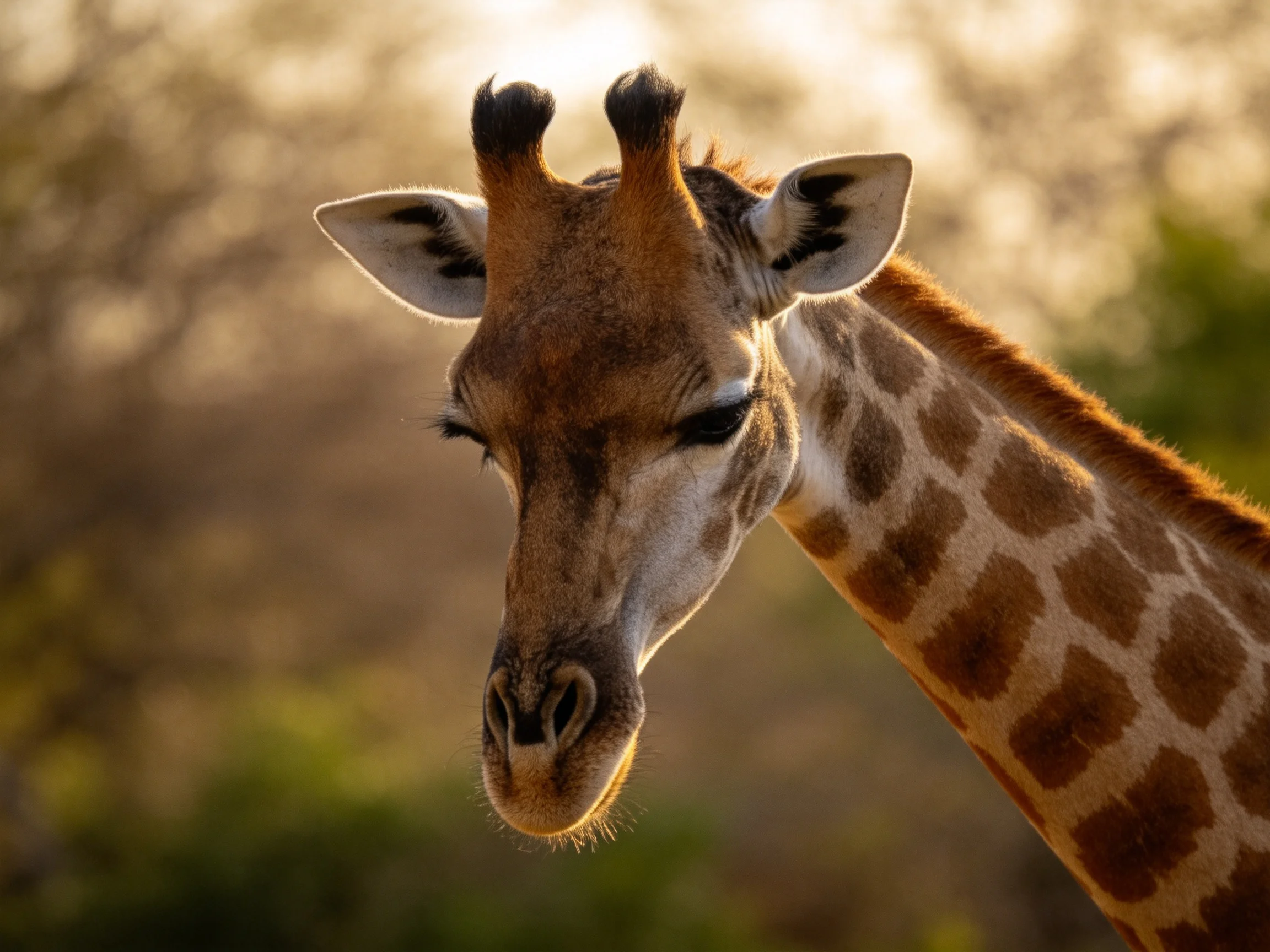 A giraffe with closed eyes is shown up close against a blurred natural backdrop.