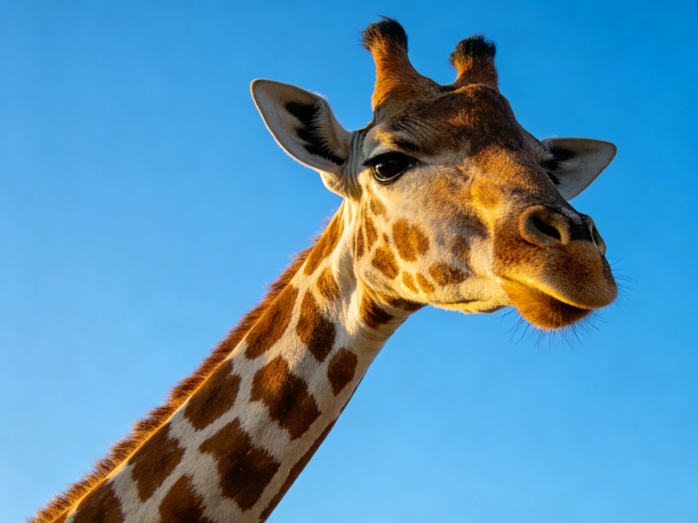 A close - up of a giraffe with brown spotted patterns against a clear blue sky