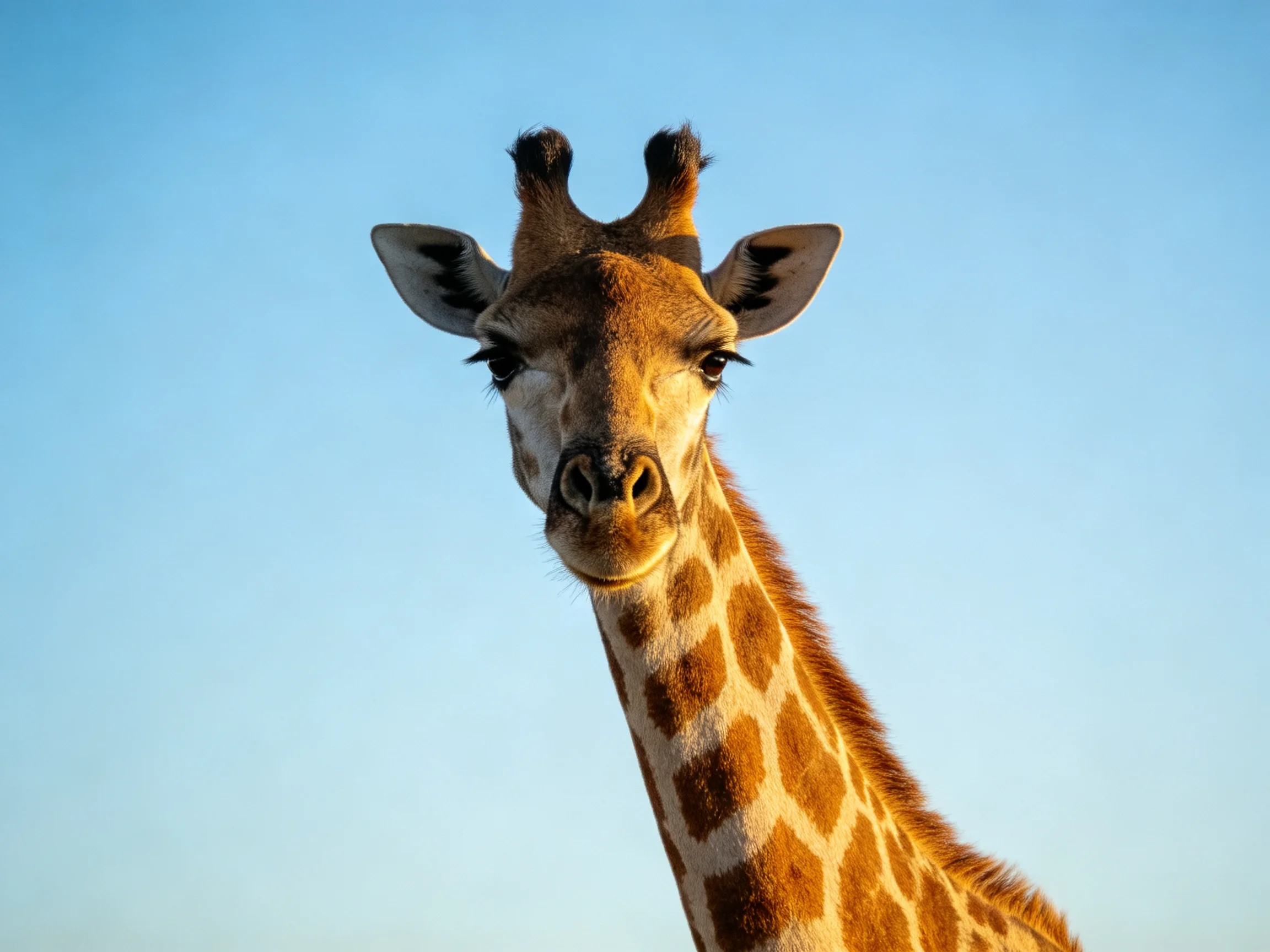 A close - up of a giraffe with brown spotted patterns against a clear blue sky