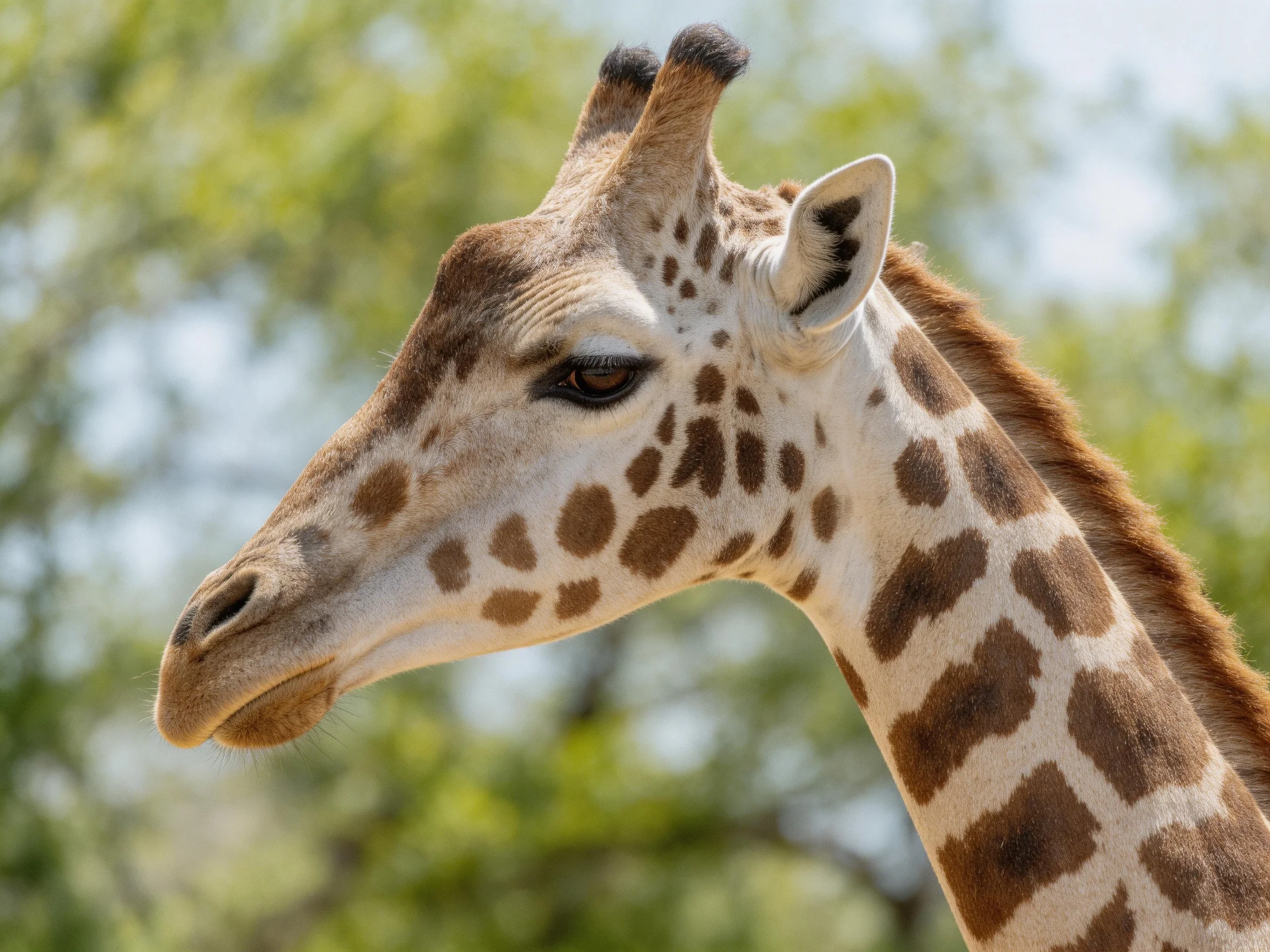 A close - up of a giraffe with brown spotted patterns and tan coat