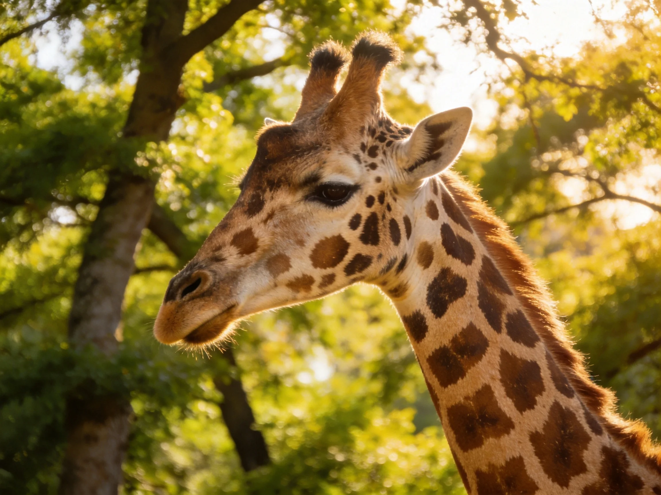 A close - up of a giraffe with brown spotted patterns near green trees