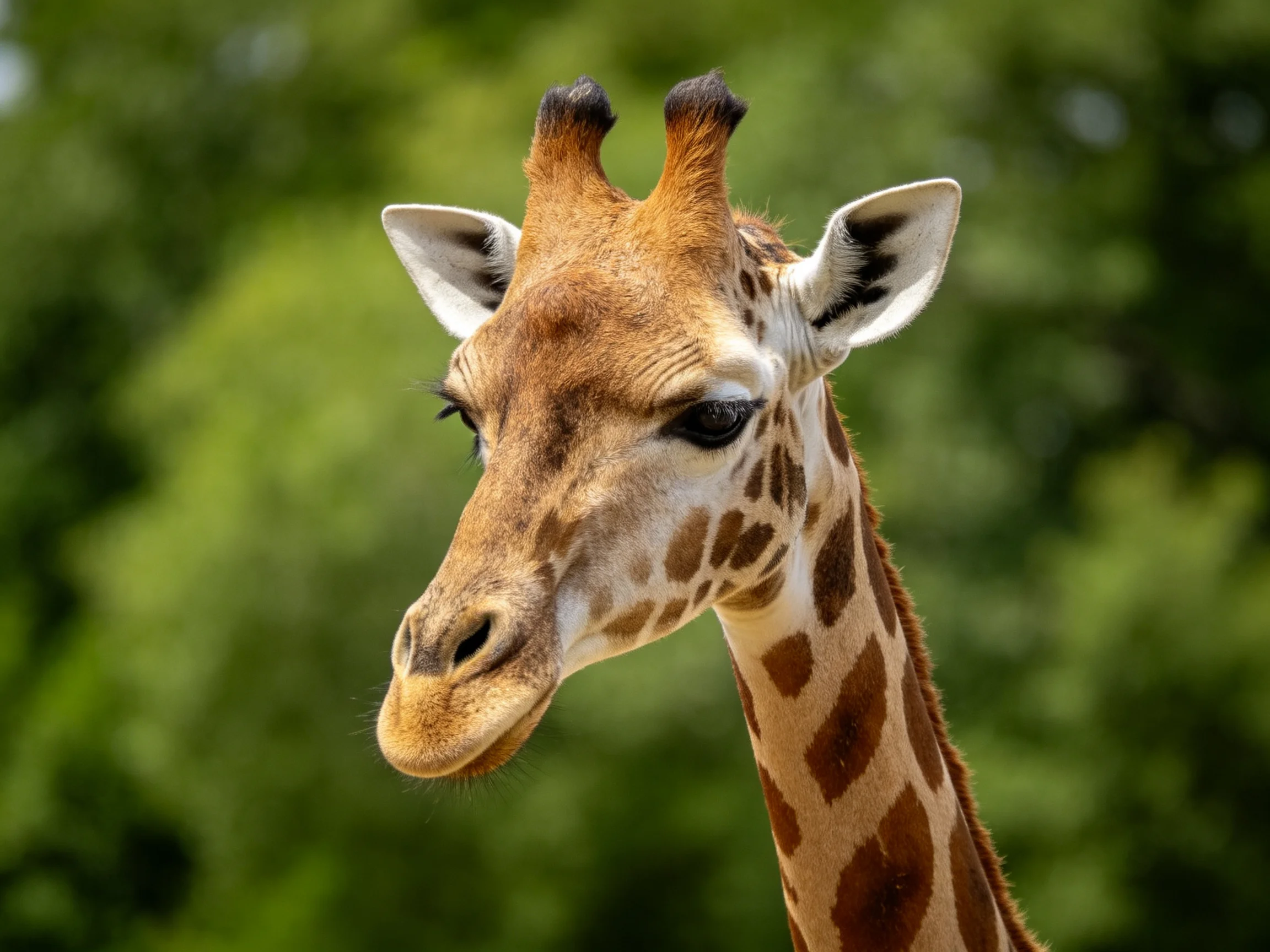 A close - up of a giraffe with brown spotted patterns near green trees