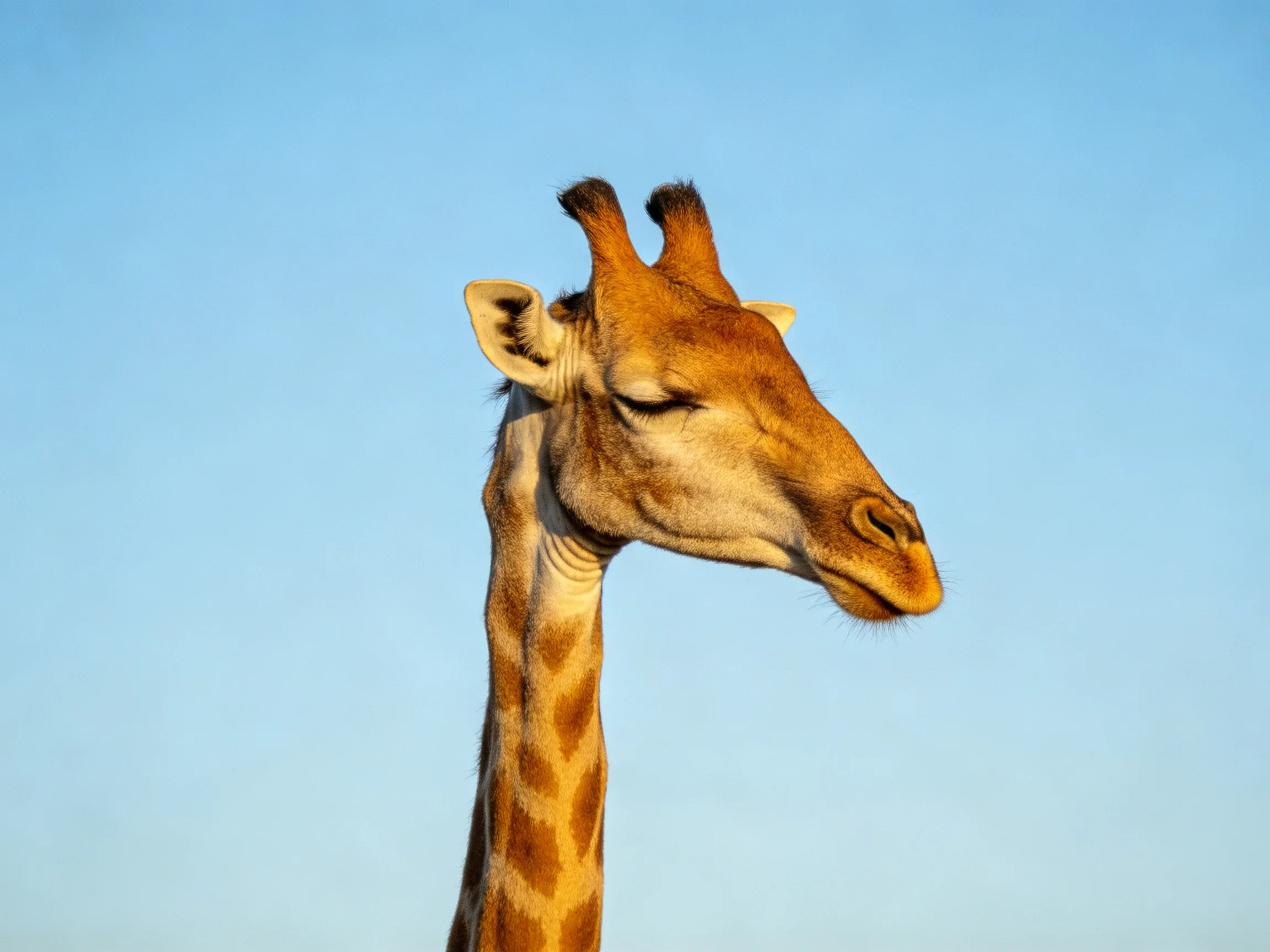 A close - up of a giraffe with closed eyes against a clear blue sky