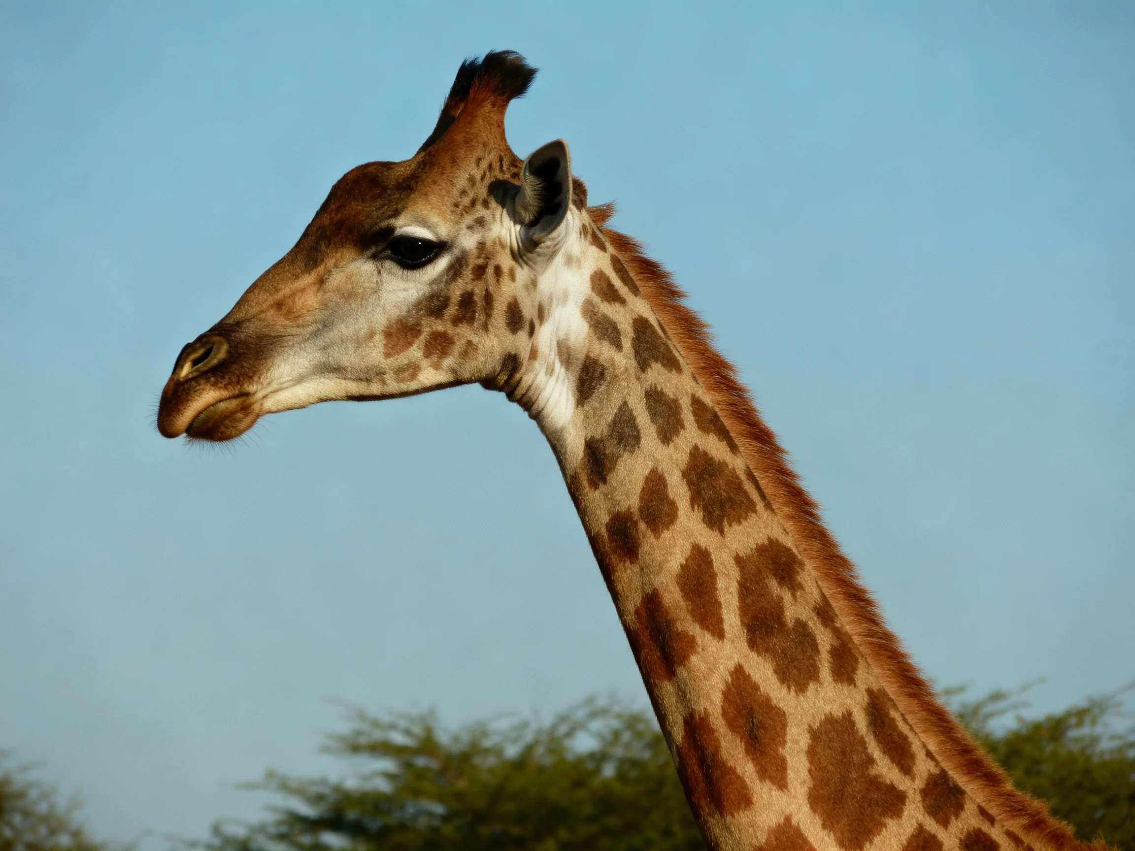 A close-up of a giraffe with distinct brown patches against a clear blue sky