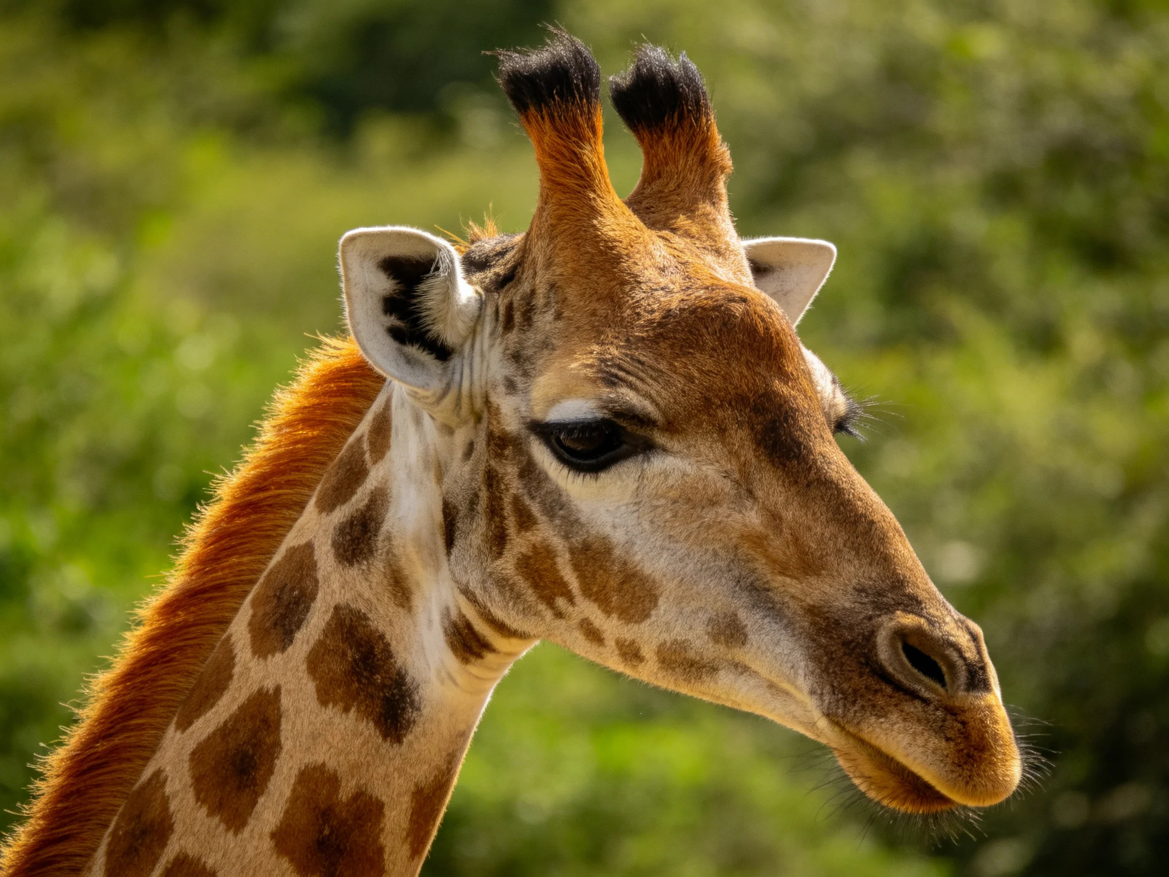 A close-up of a giraffe with distinctive brown patches and reddish mane