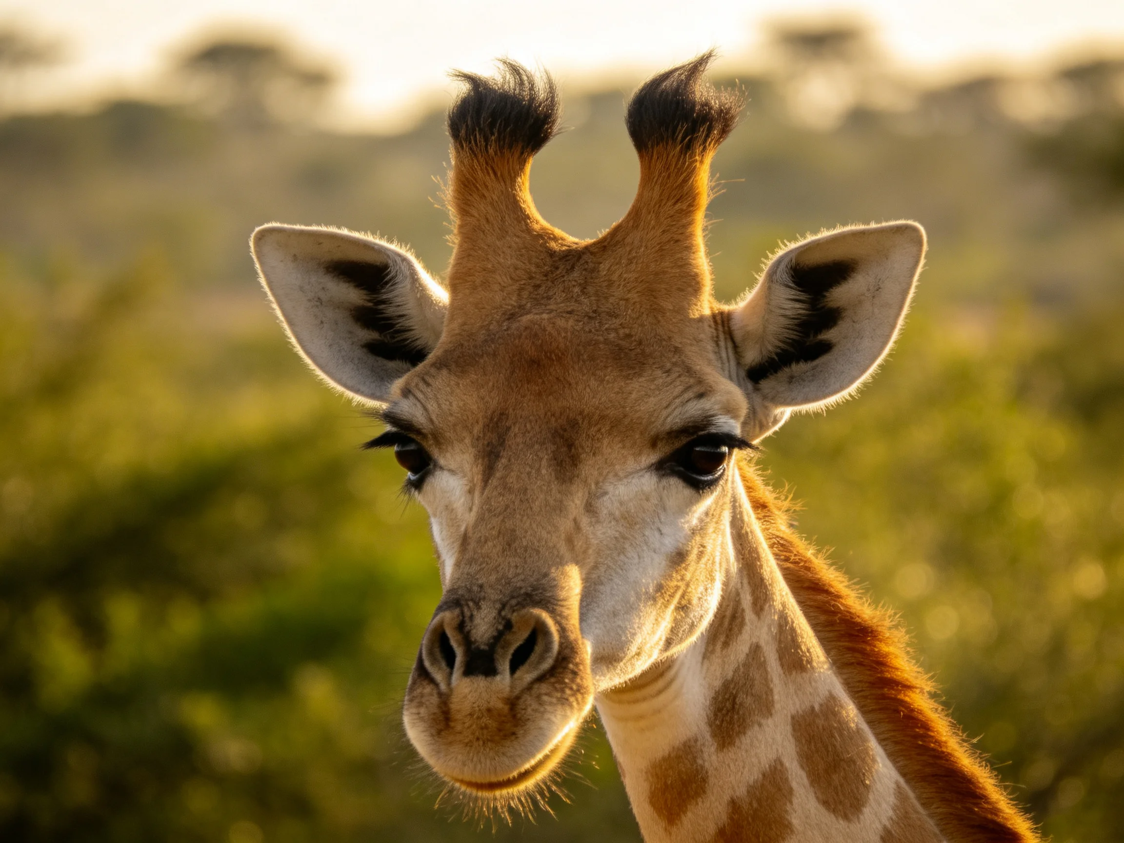A close - up of a giraffe with two ossicones against a blurred green backdrop