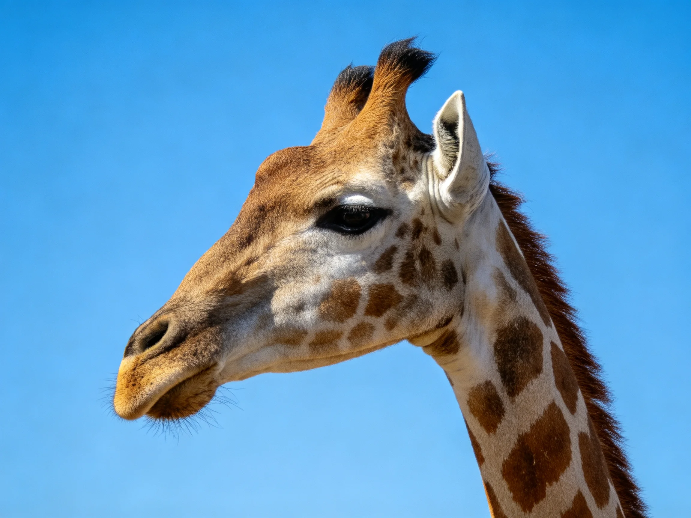 A close - up of a giraffe’s head with distinct brown patch patterns