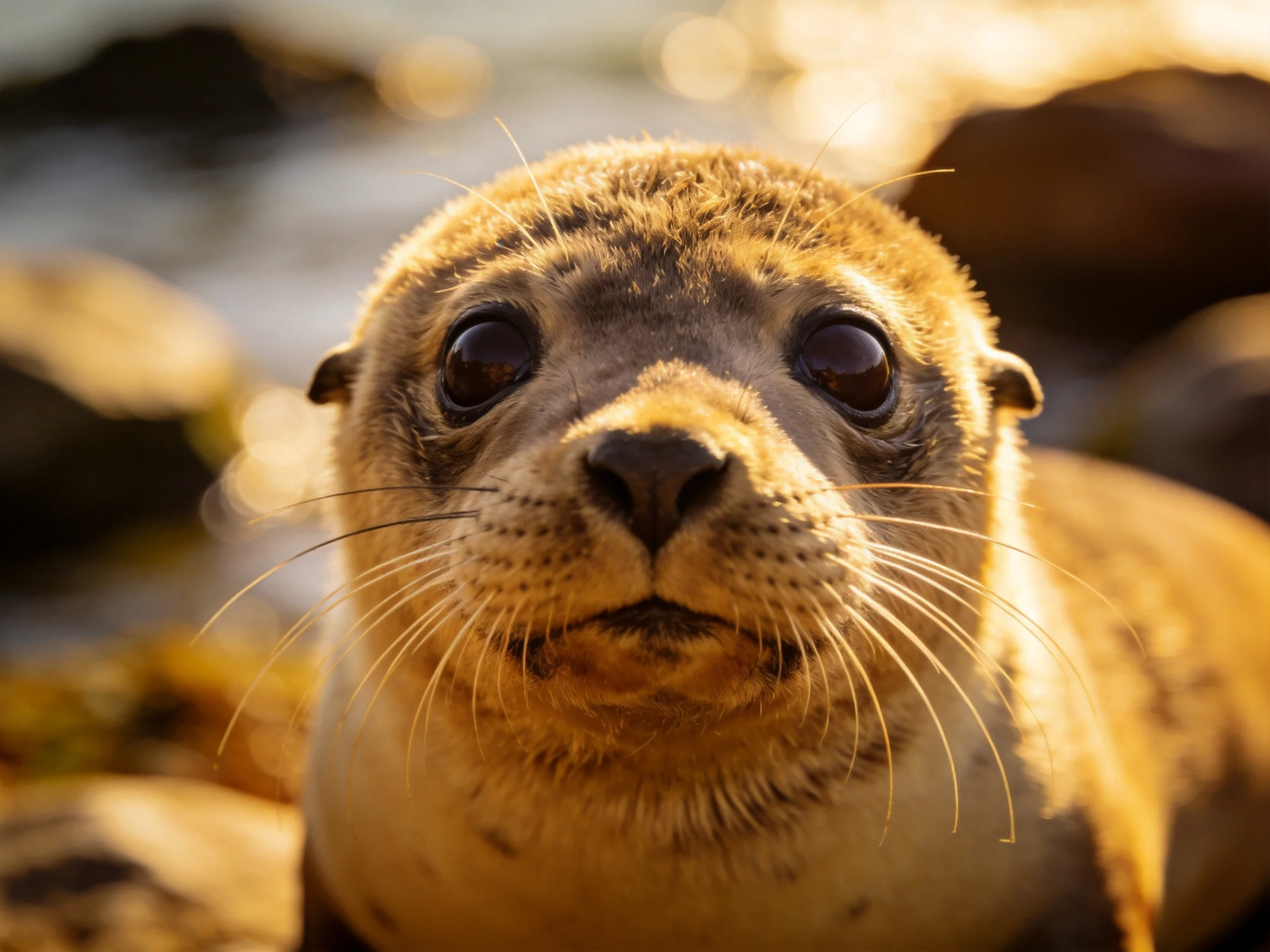A close - up of a golden - brown sea lion pup with large dark eyes