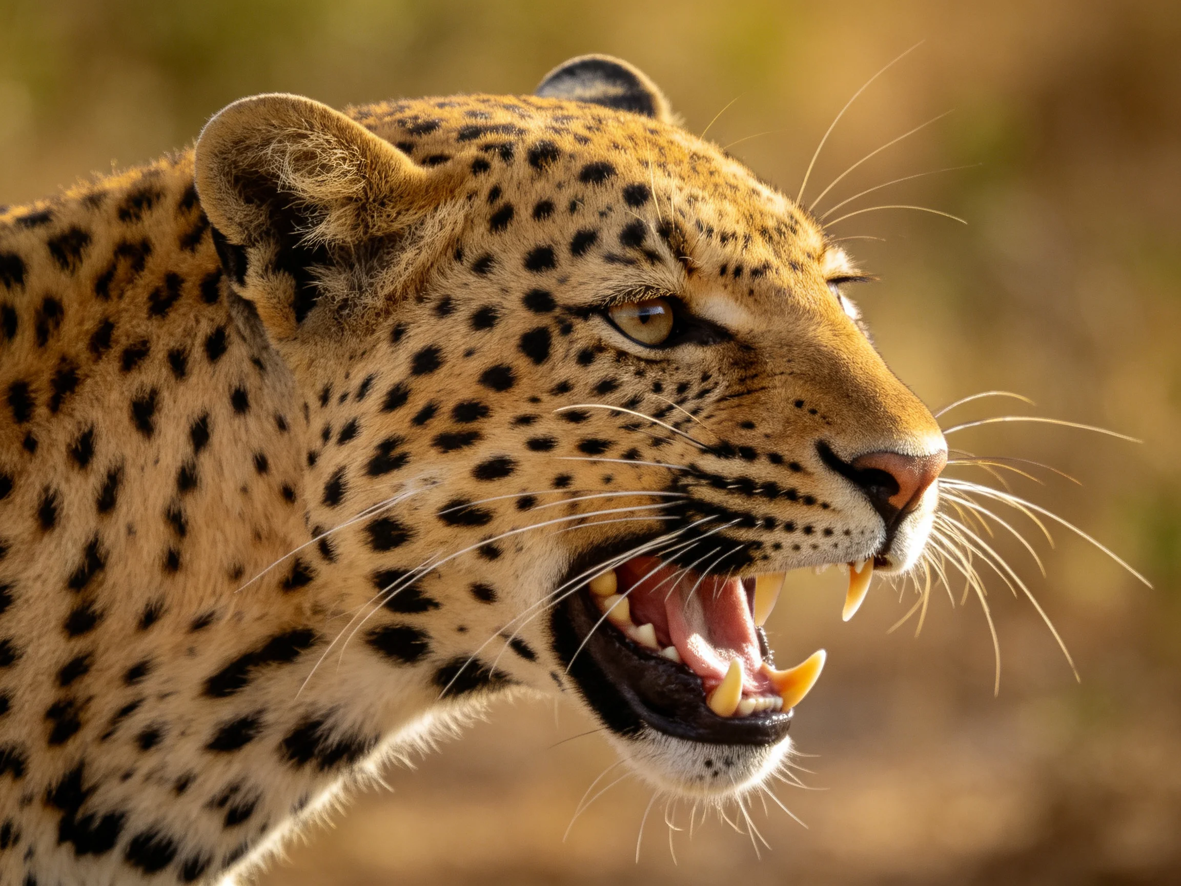 A close - up of a leopard with its mouth open, showing sharp teeth
