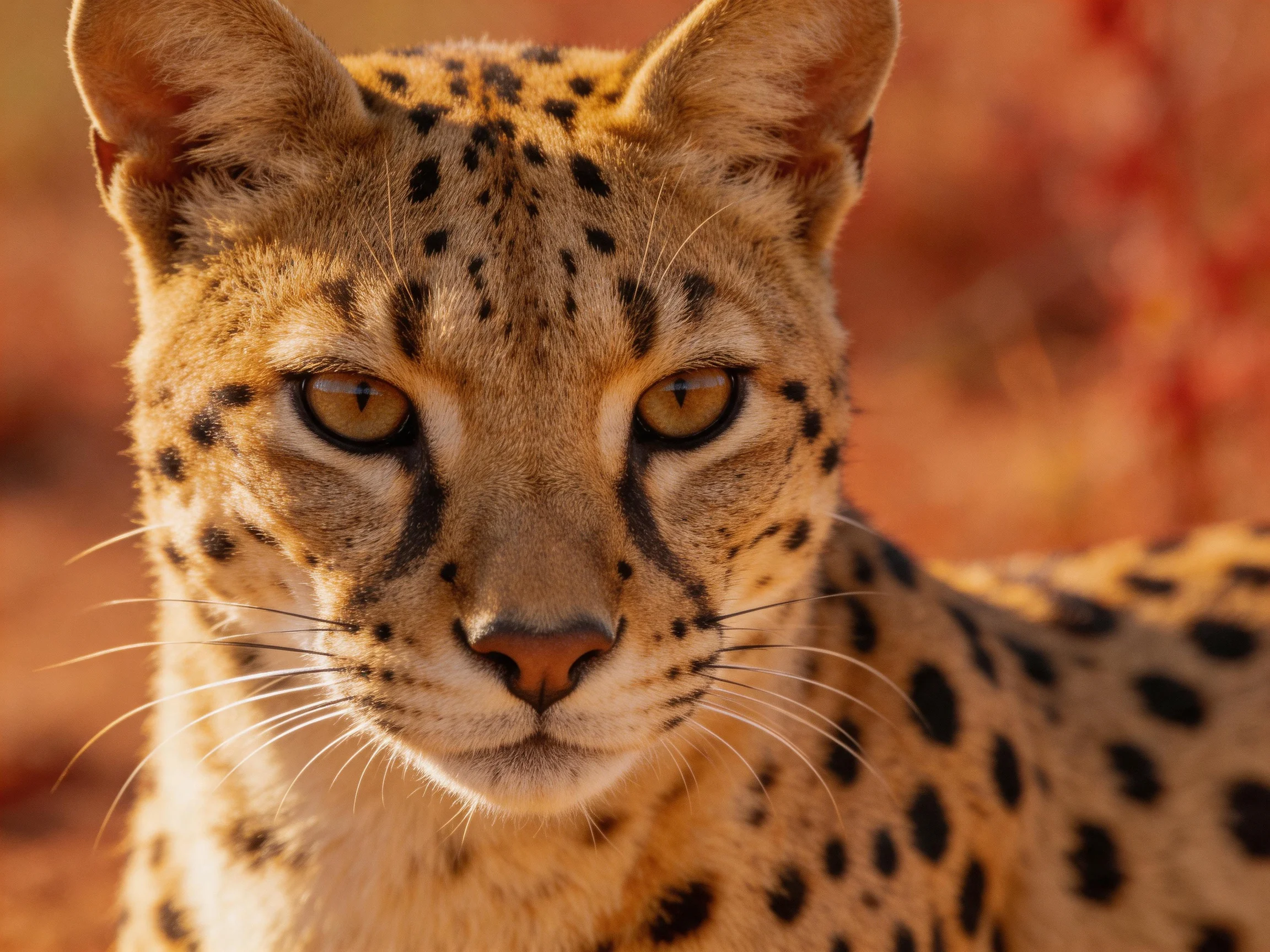 A close-up of a golden-spotted wild cat with earthy surroundings