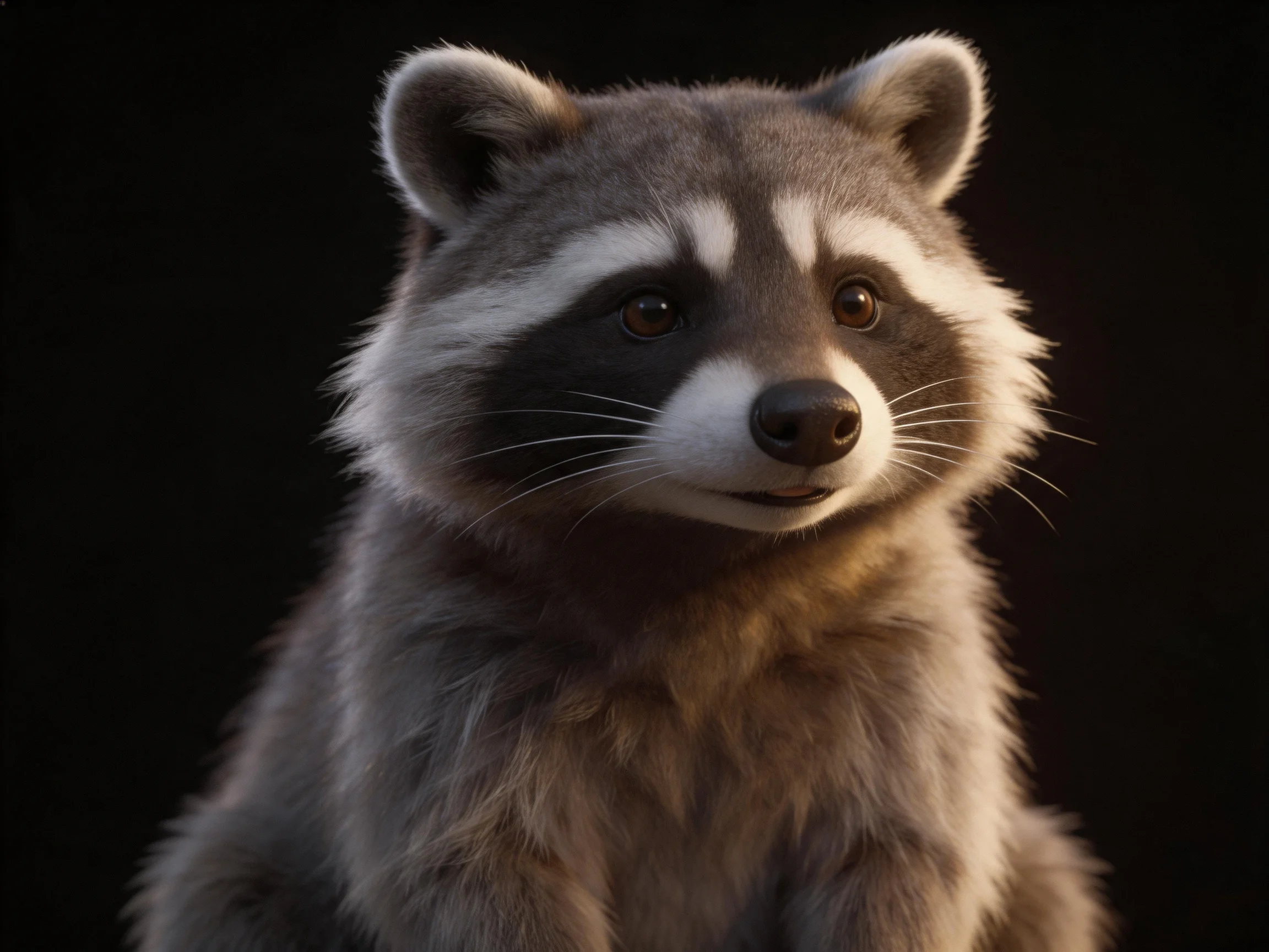 A gray and white raccoon is shown up close with distinct facial markings