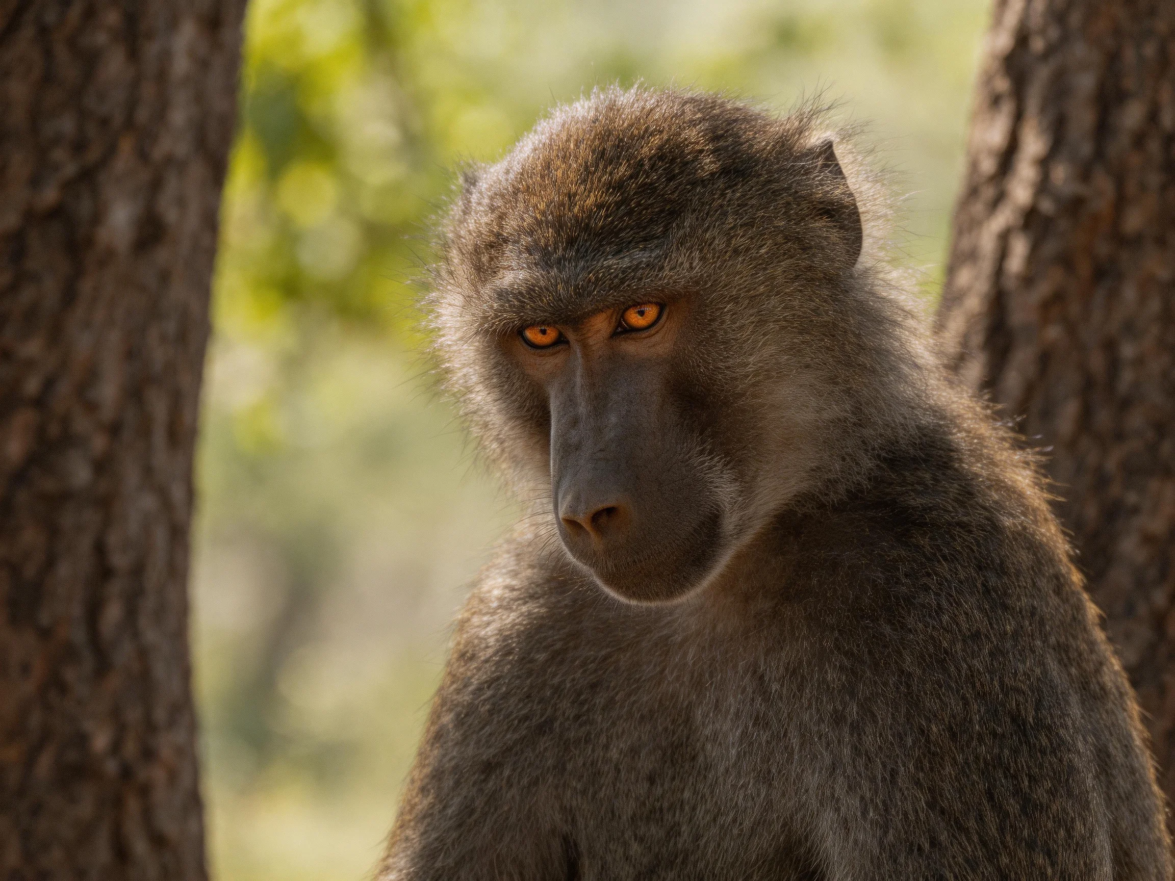 A close - up of a gray - furred baboon near two trees in a sunlit forest