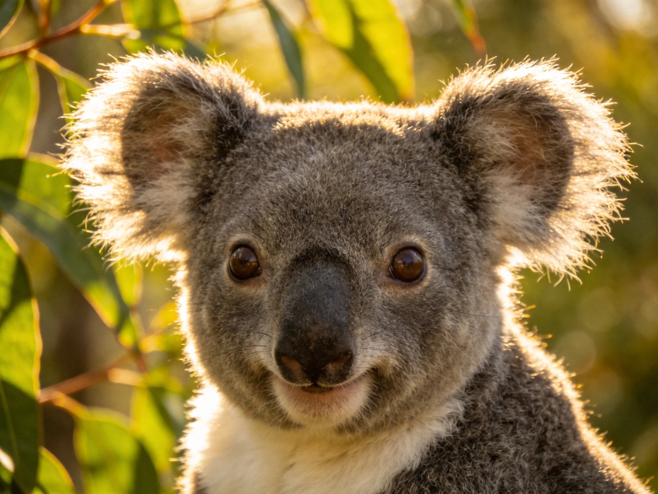 A close - up of a gray koala with large ears near eucalyptus foliage