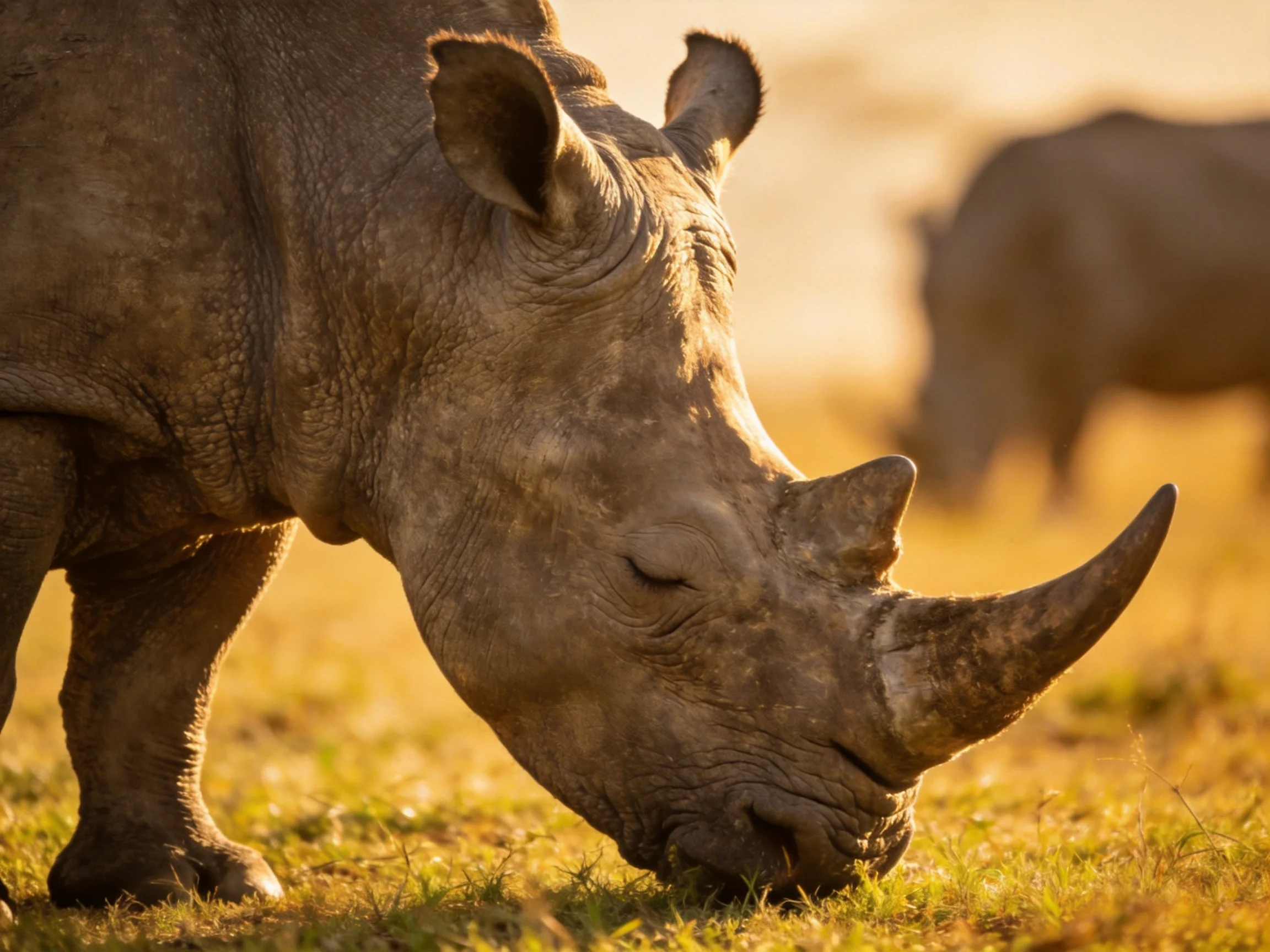 A close - up of a gray rhinoceros grazing in golden savannah