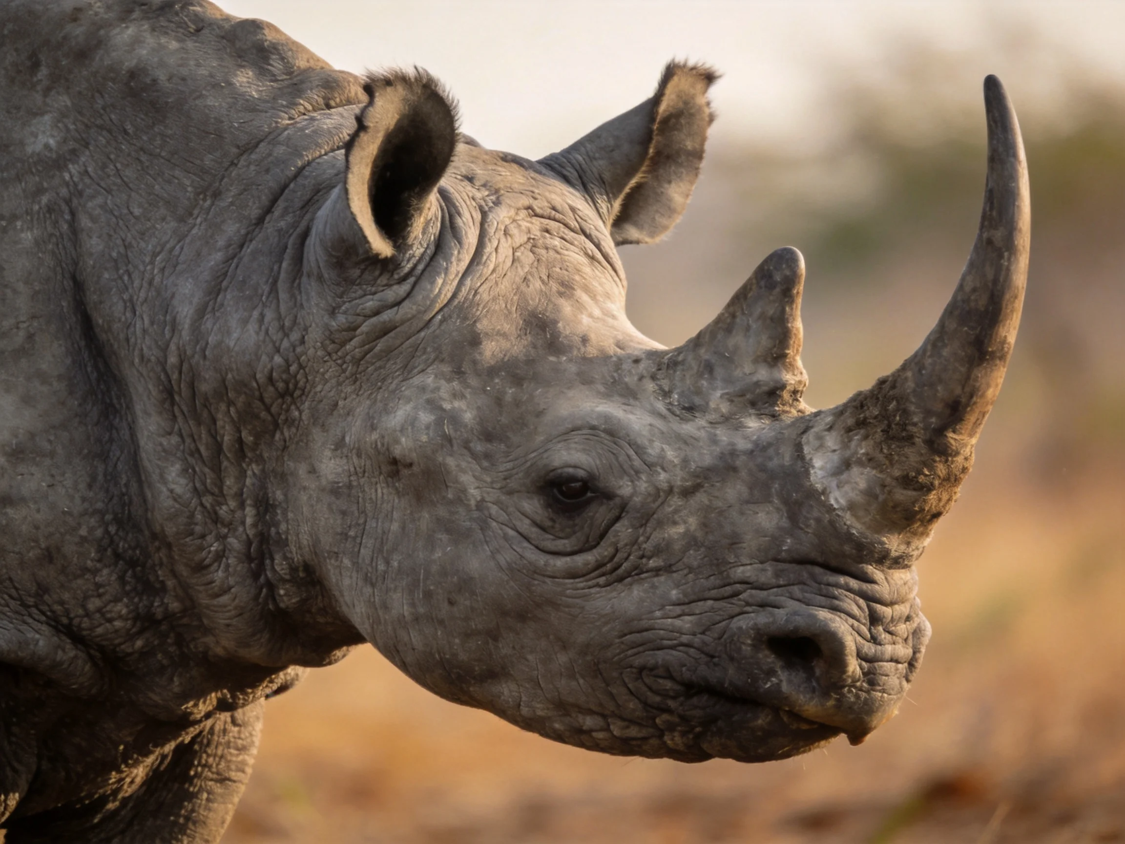 A gray rhinoceros with two horns stands in a dry savannah environment.