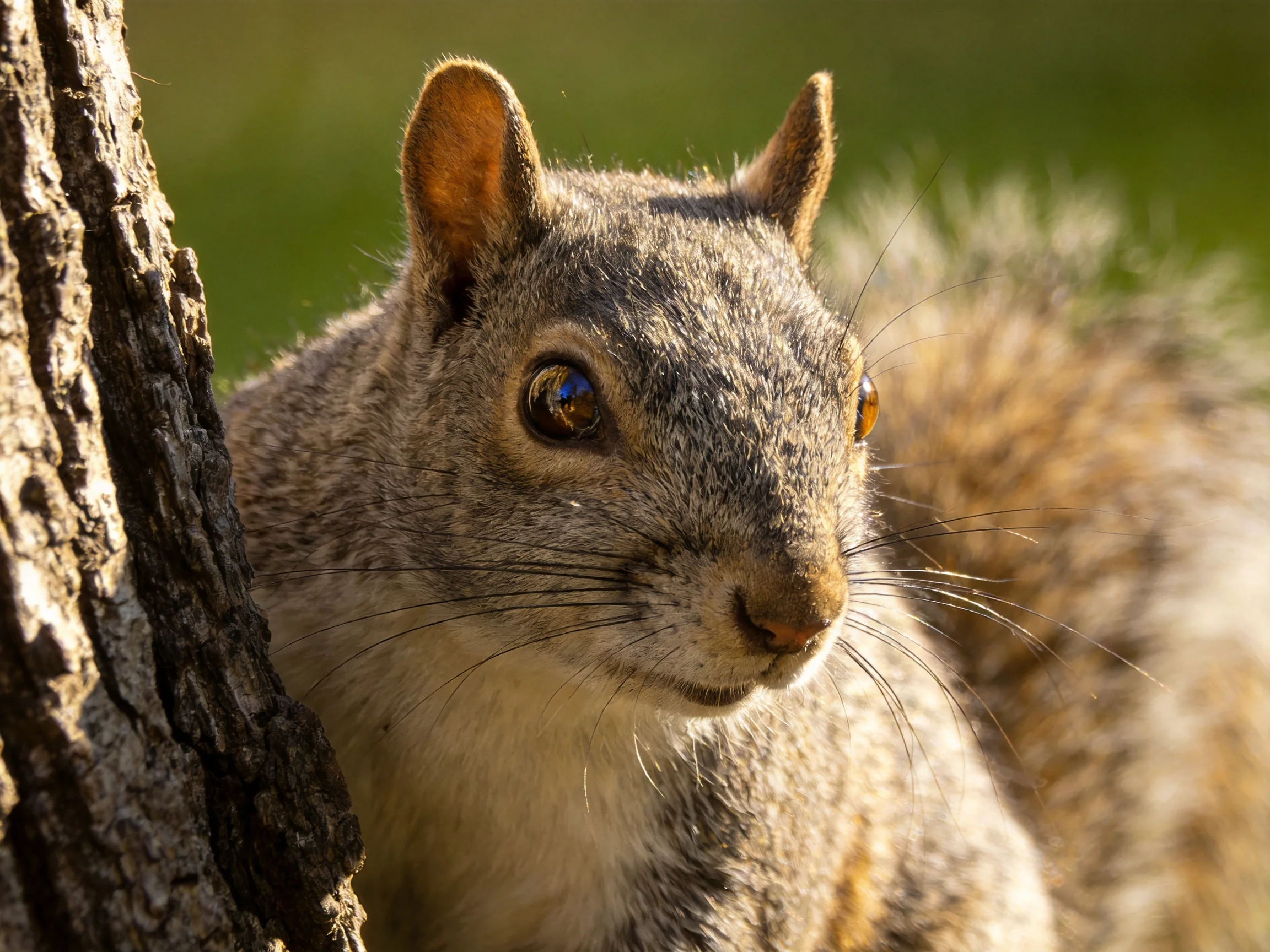 A close-up of a gray squirrel beside a textured tree trunk