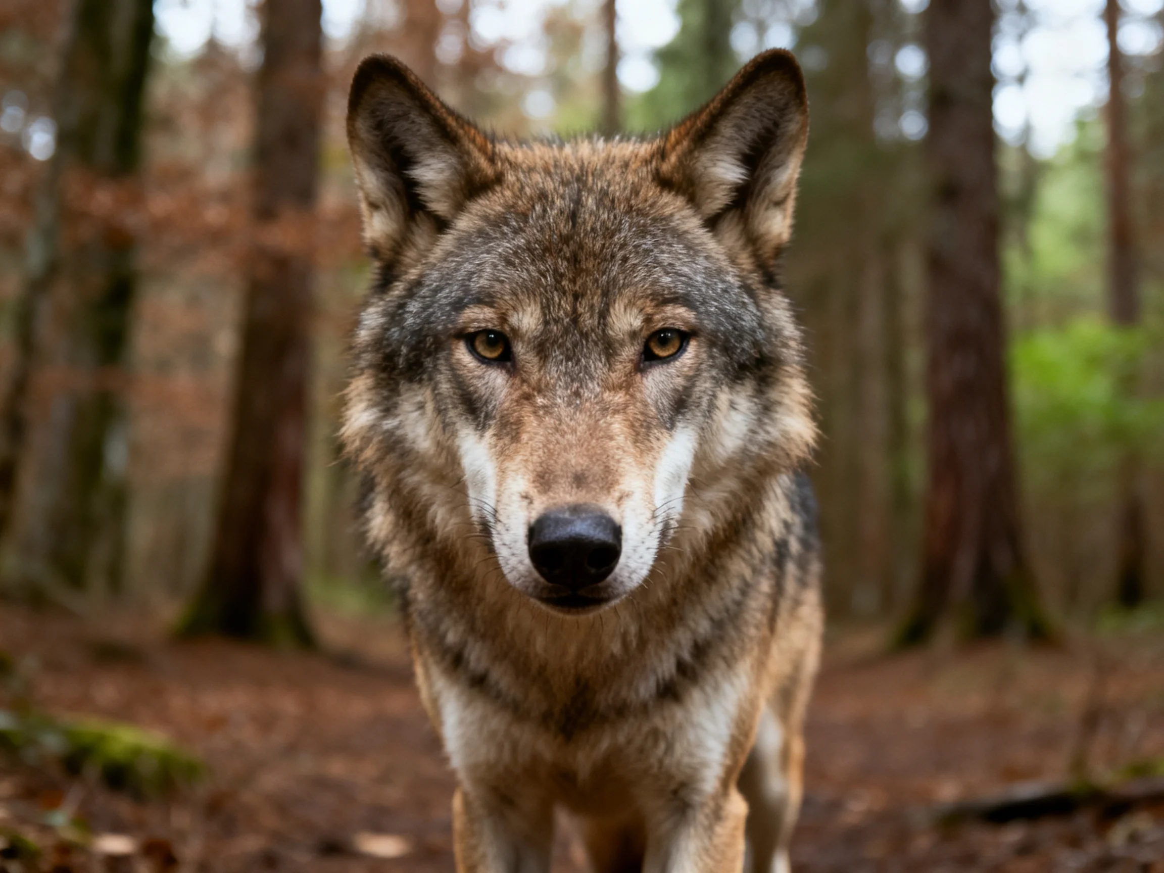 A close-up of a gray wolf in a forest with tall trees and earthy tones