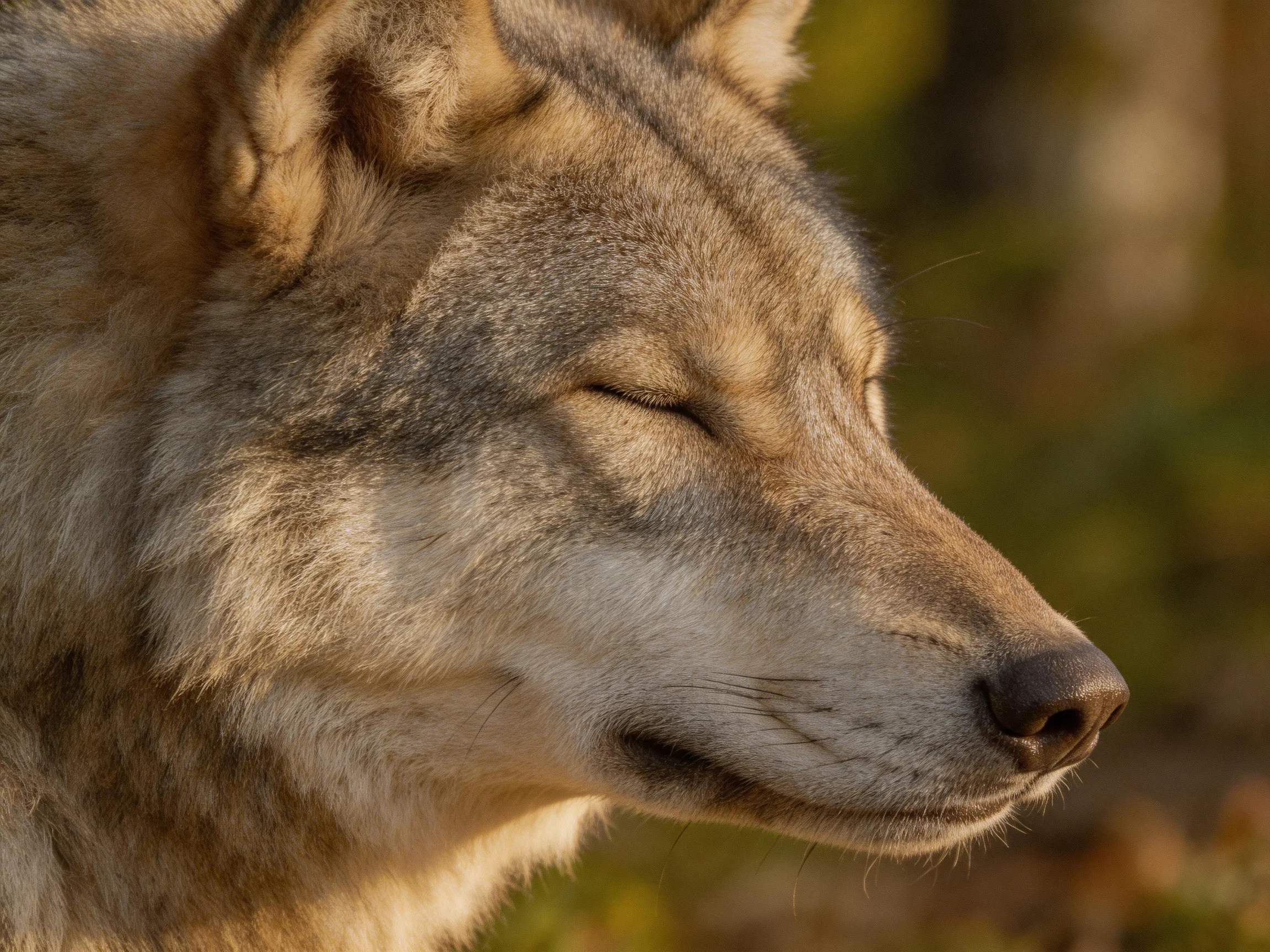 A close - up of a gray wolf with closed eyes in warm natural light