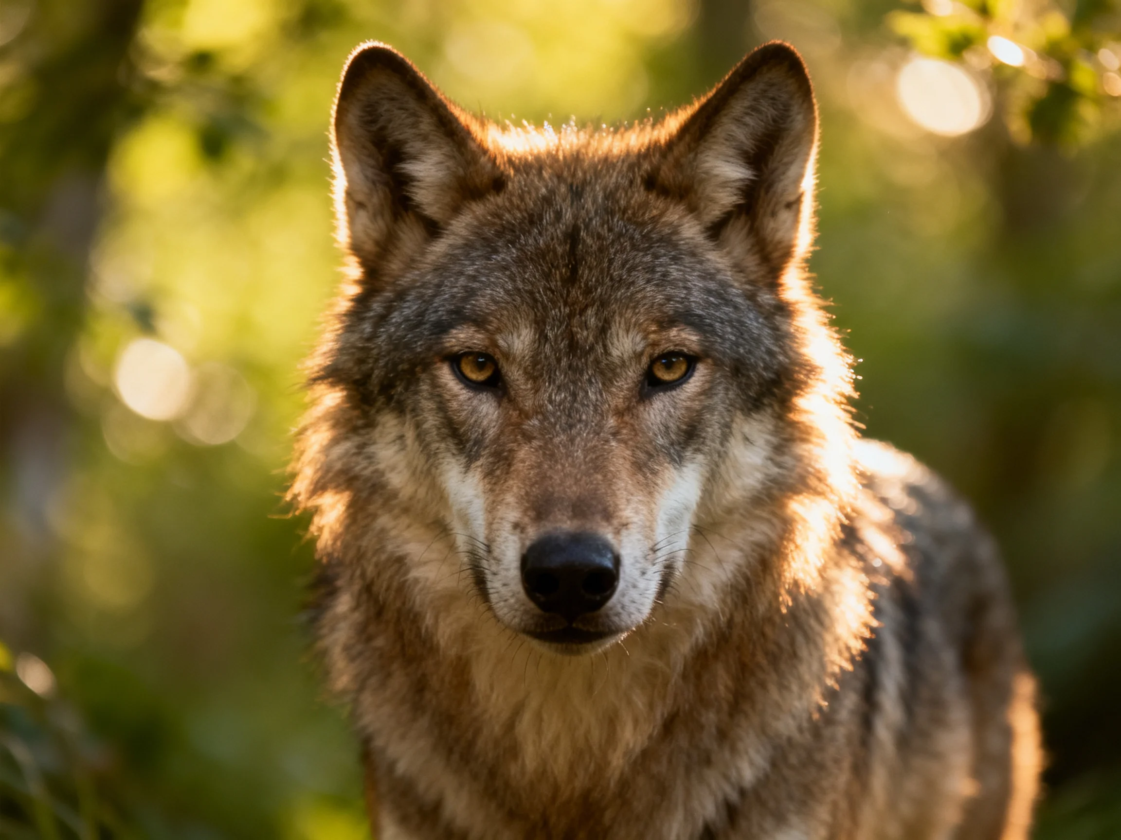A gray wolf gazes directly into the camera amid a softly lit, blurred forest backdrop.