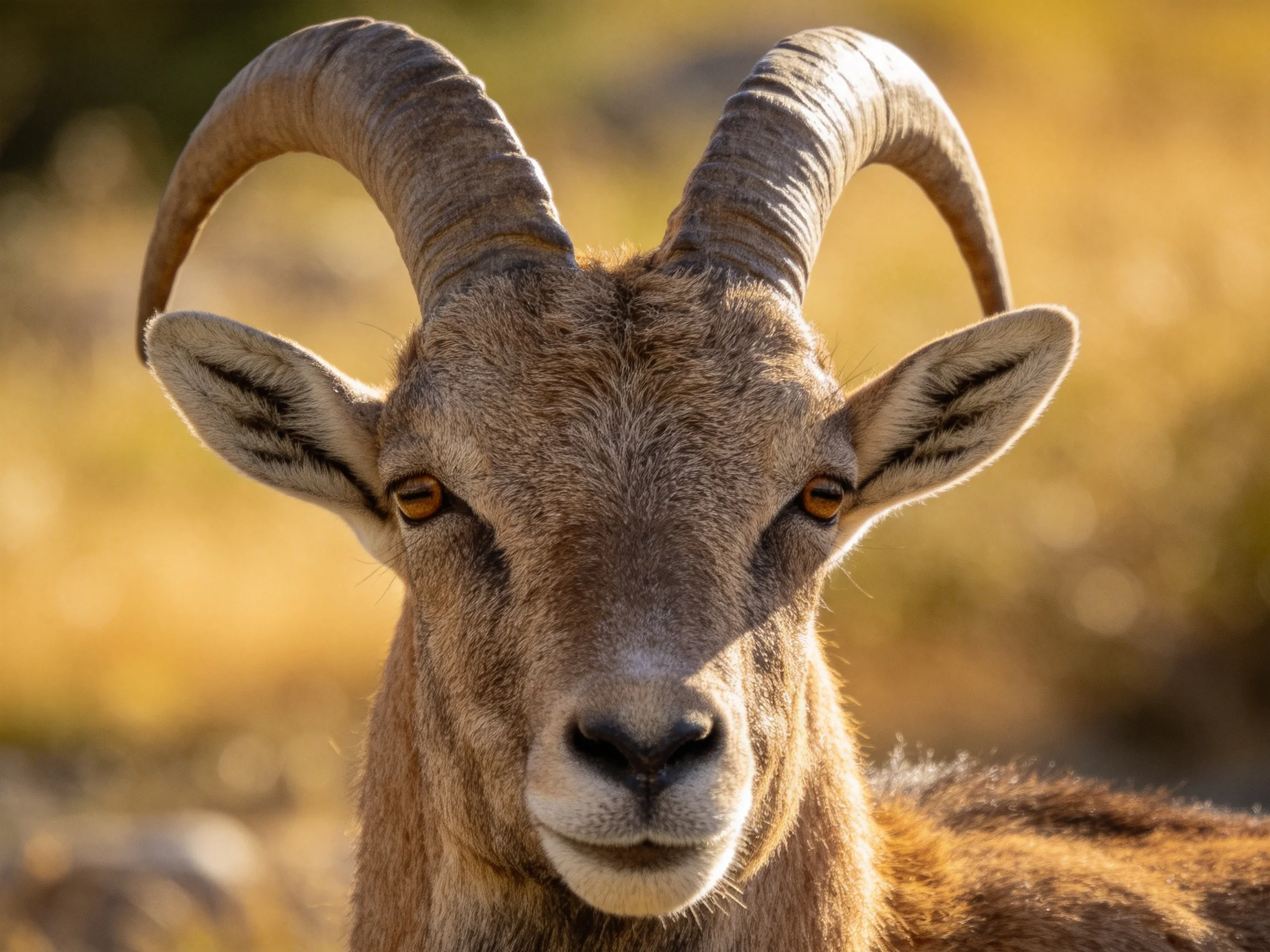 A horned goat directly faces the camera in a sunlit natural setting.