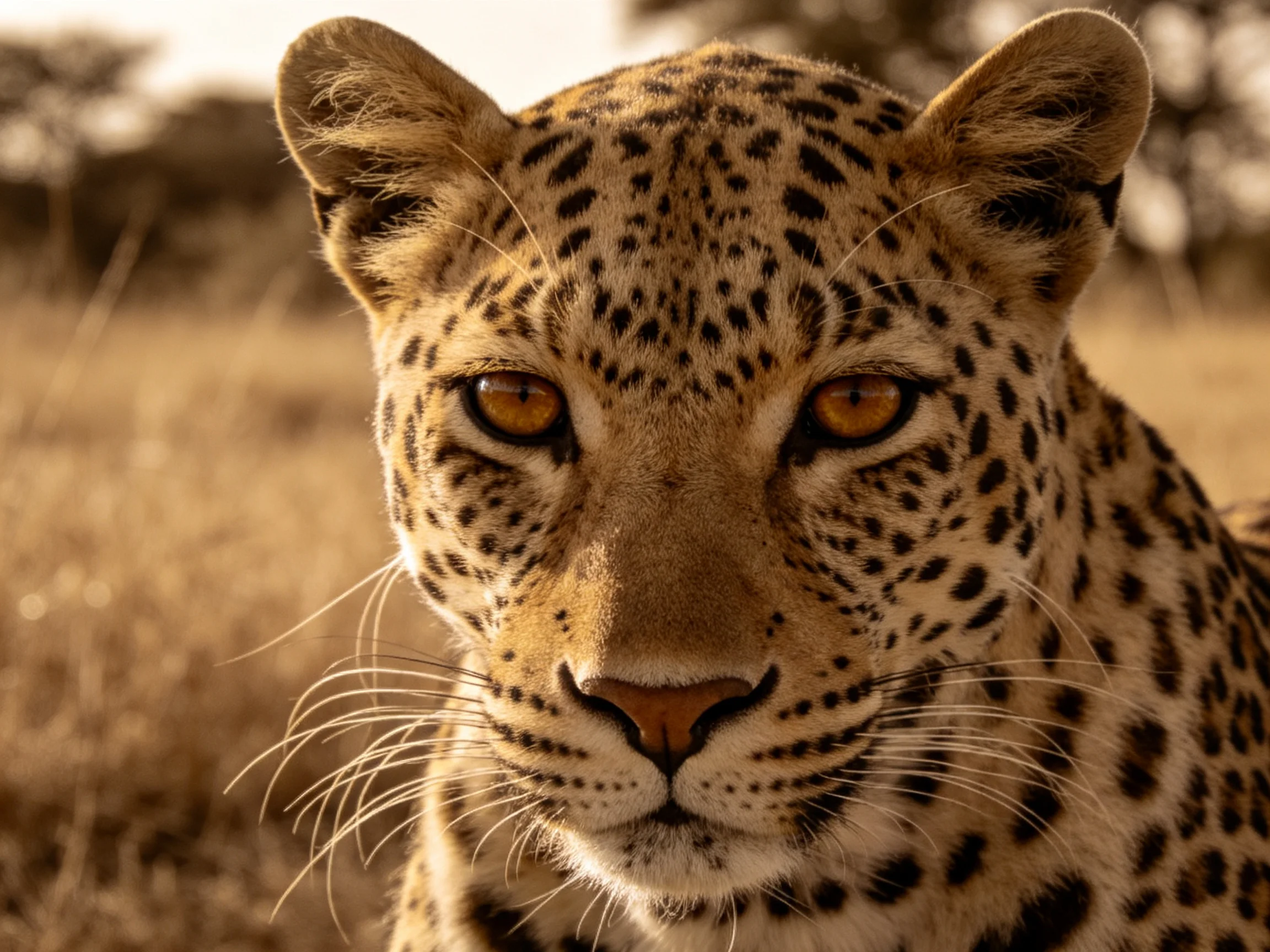 A leopard stares intently at the camera amid dry savannah vegetation.