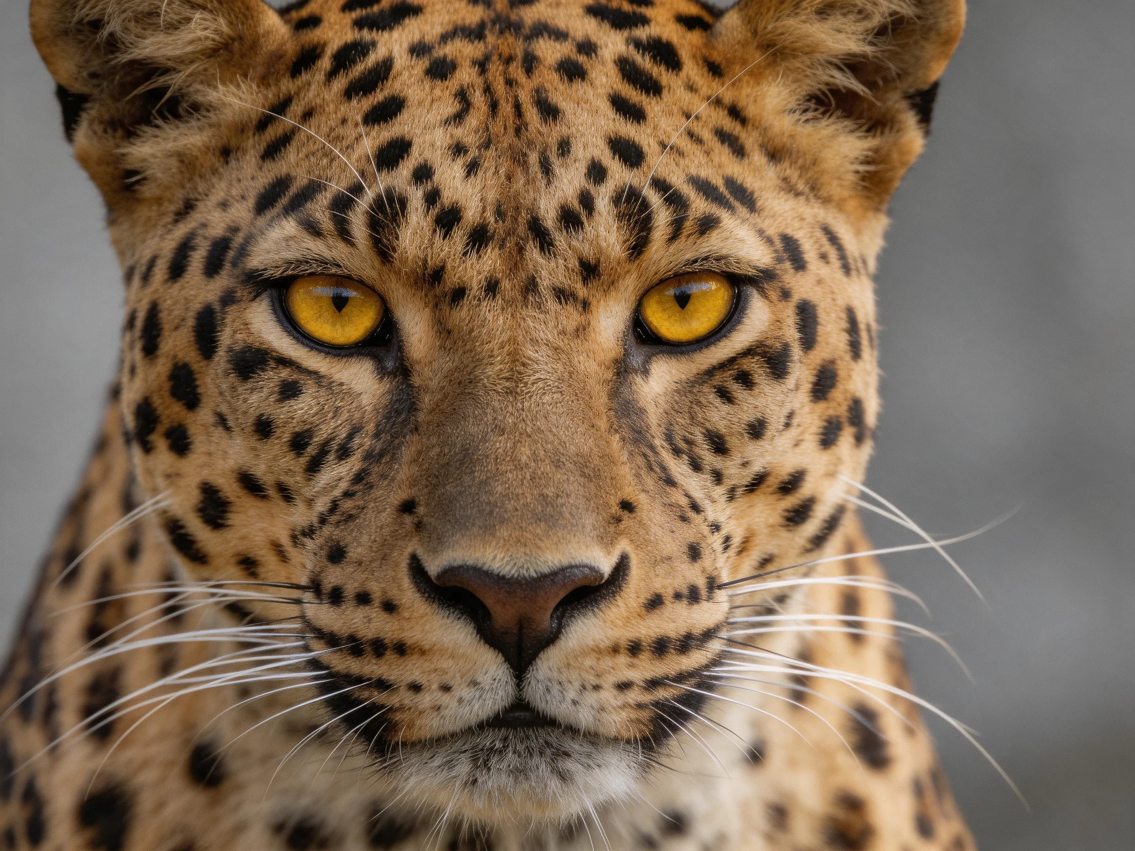 A close - up of a leopard with bright yellow eyes and spotted coat