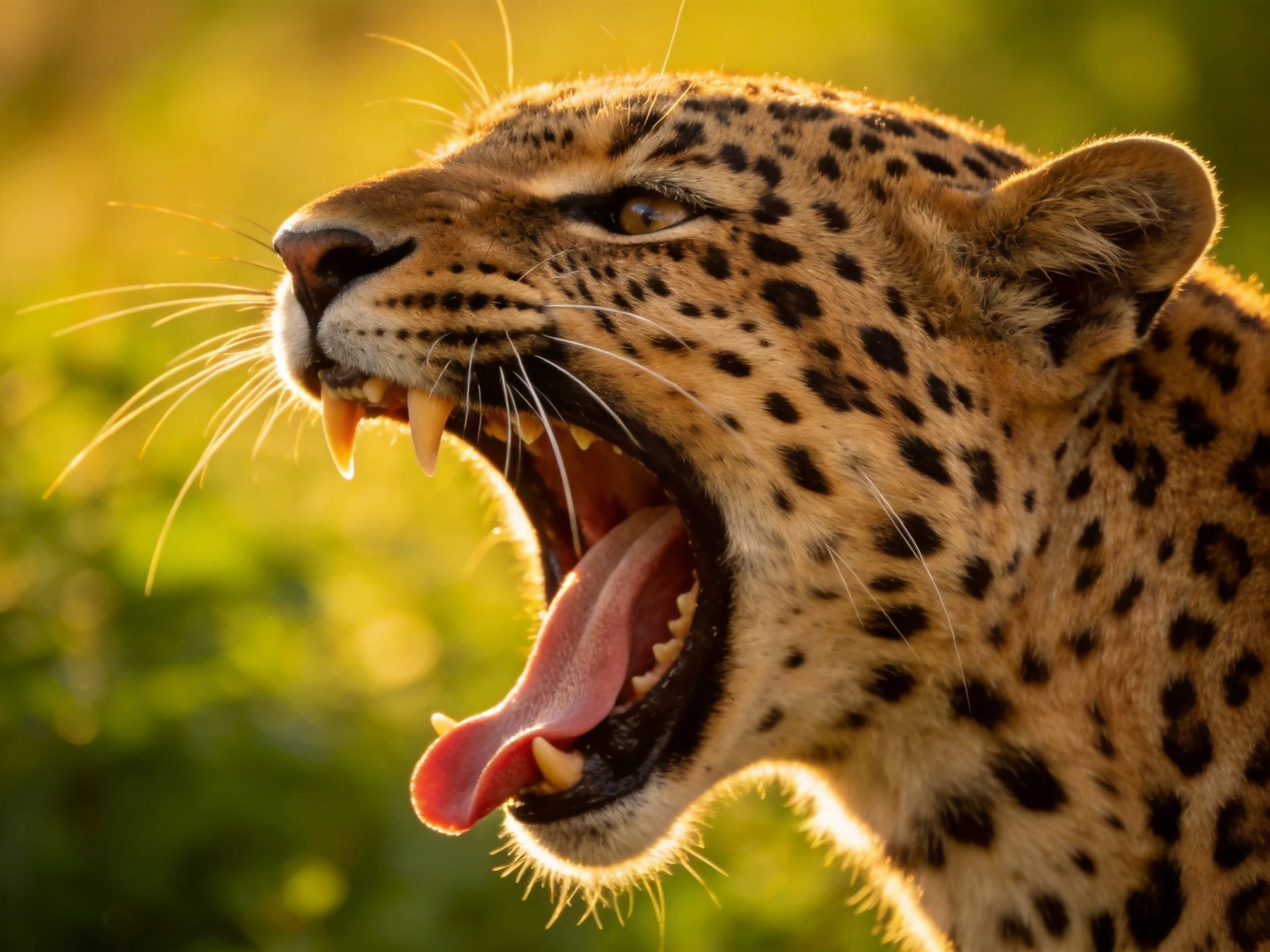 A close - up of a leopard with dark spots yawning in golden sunlight