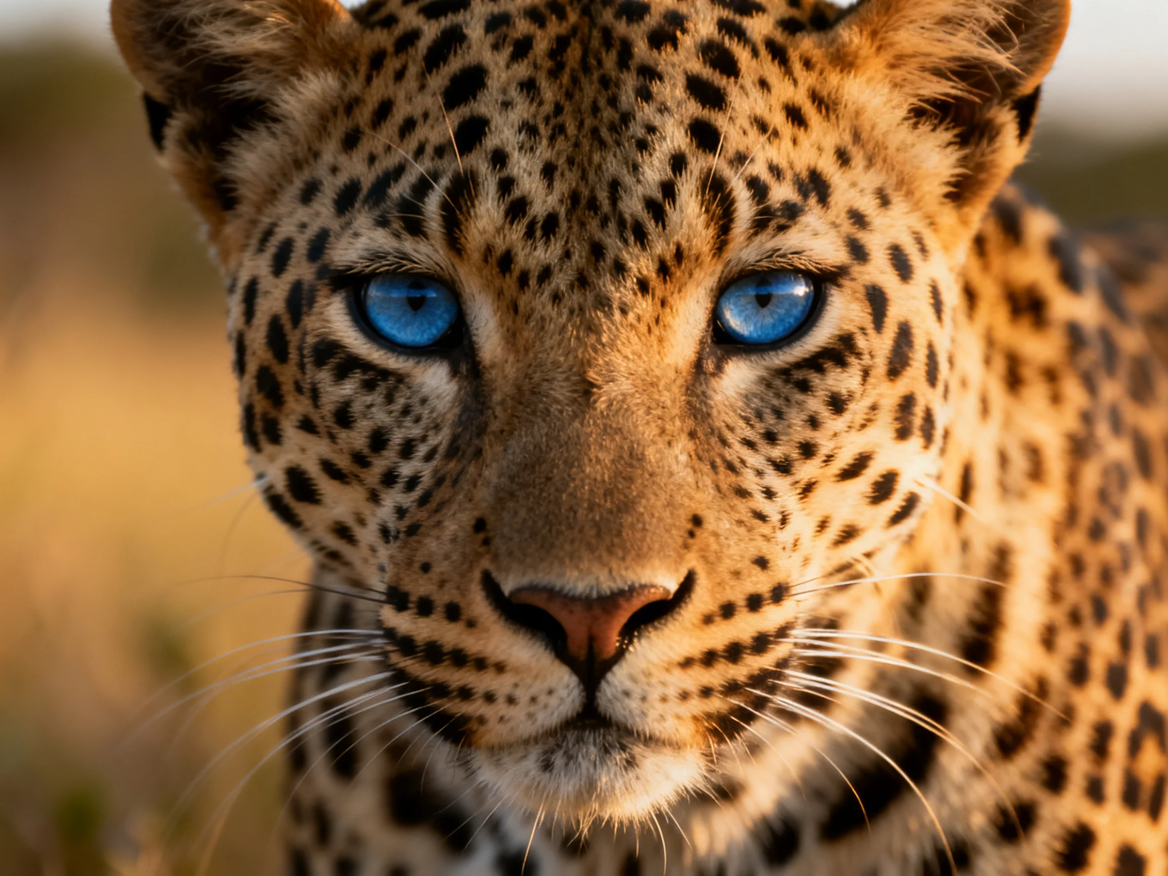 A close - up of a leopard with bright blue eyes in a natural setting