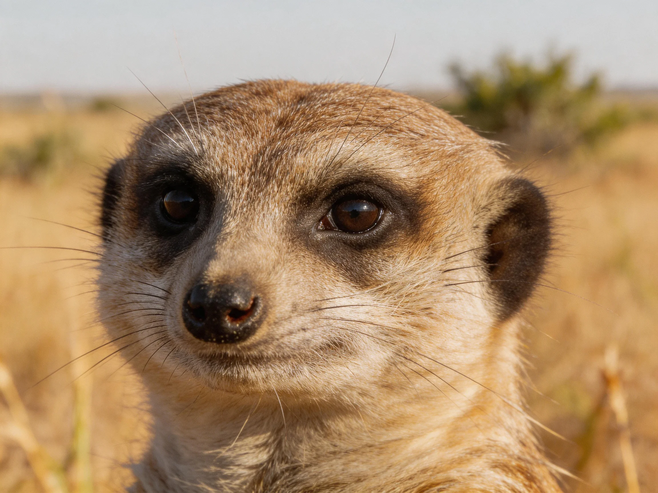 A close - up of a light brown meerkat with dark facial markings in a dry savannah