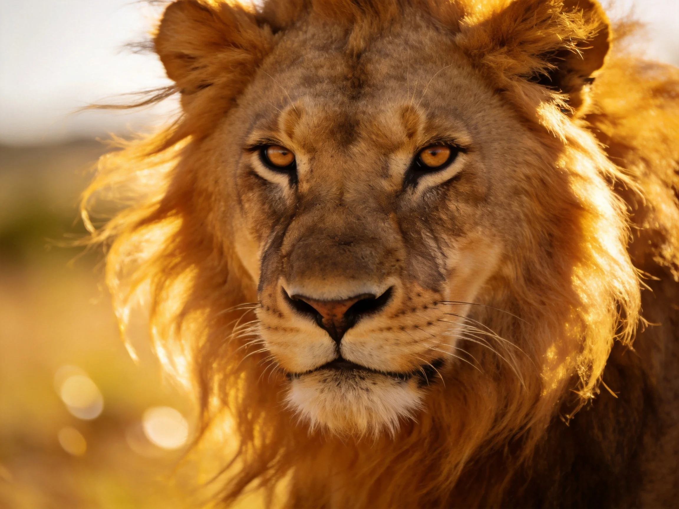 A lion with a golden mane gazes directly at the camera in a sunlit environment.