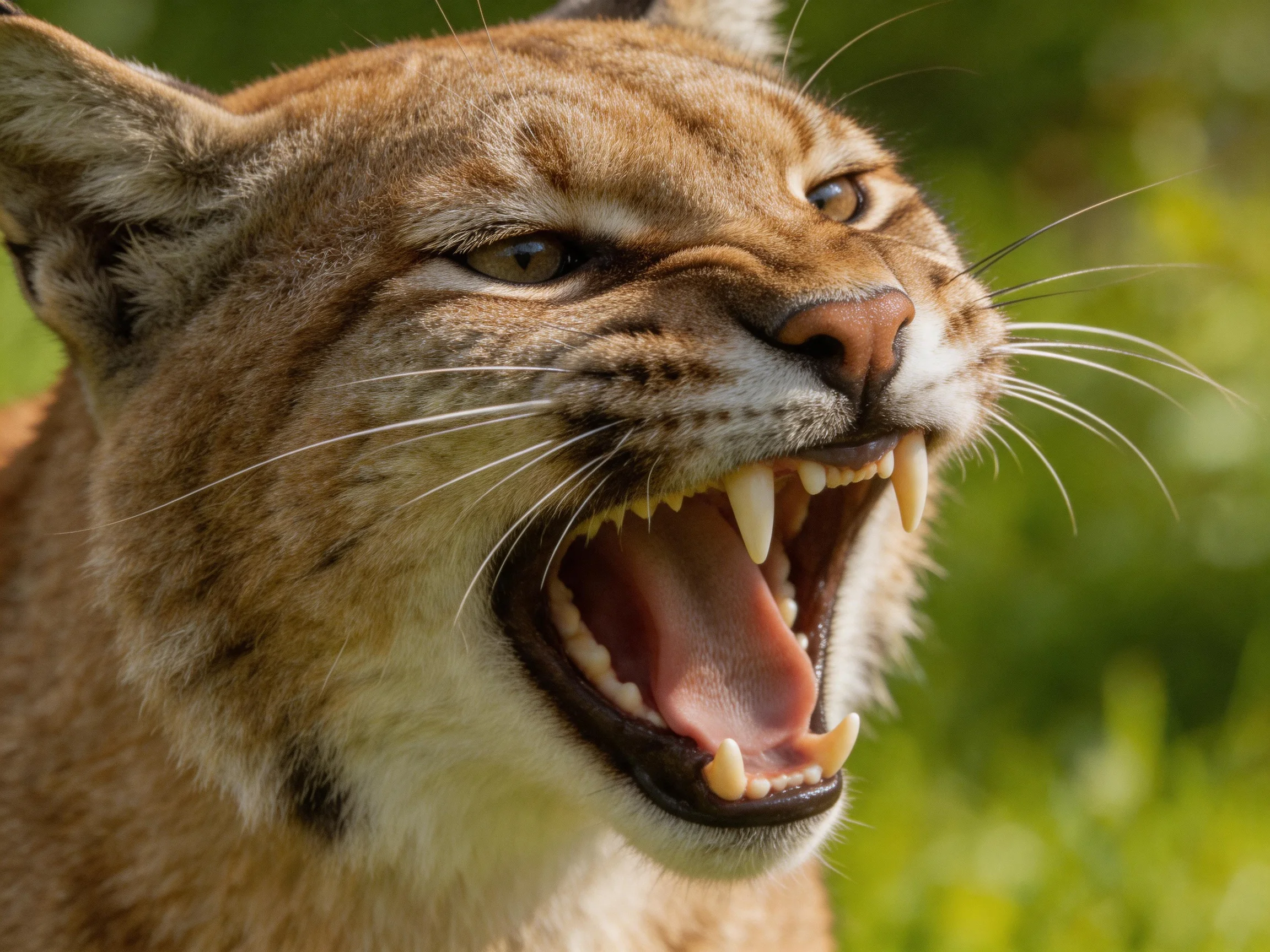 A close - up of a lynx displaying sharp teeth amid lush greenery