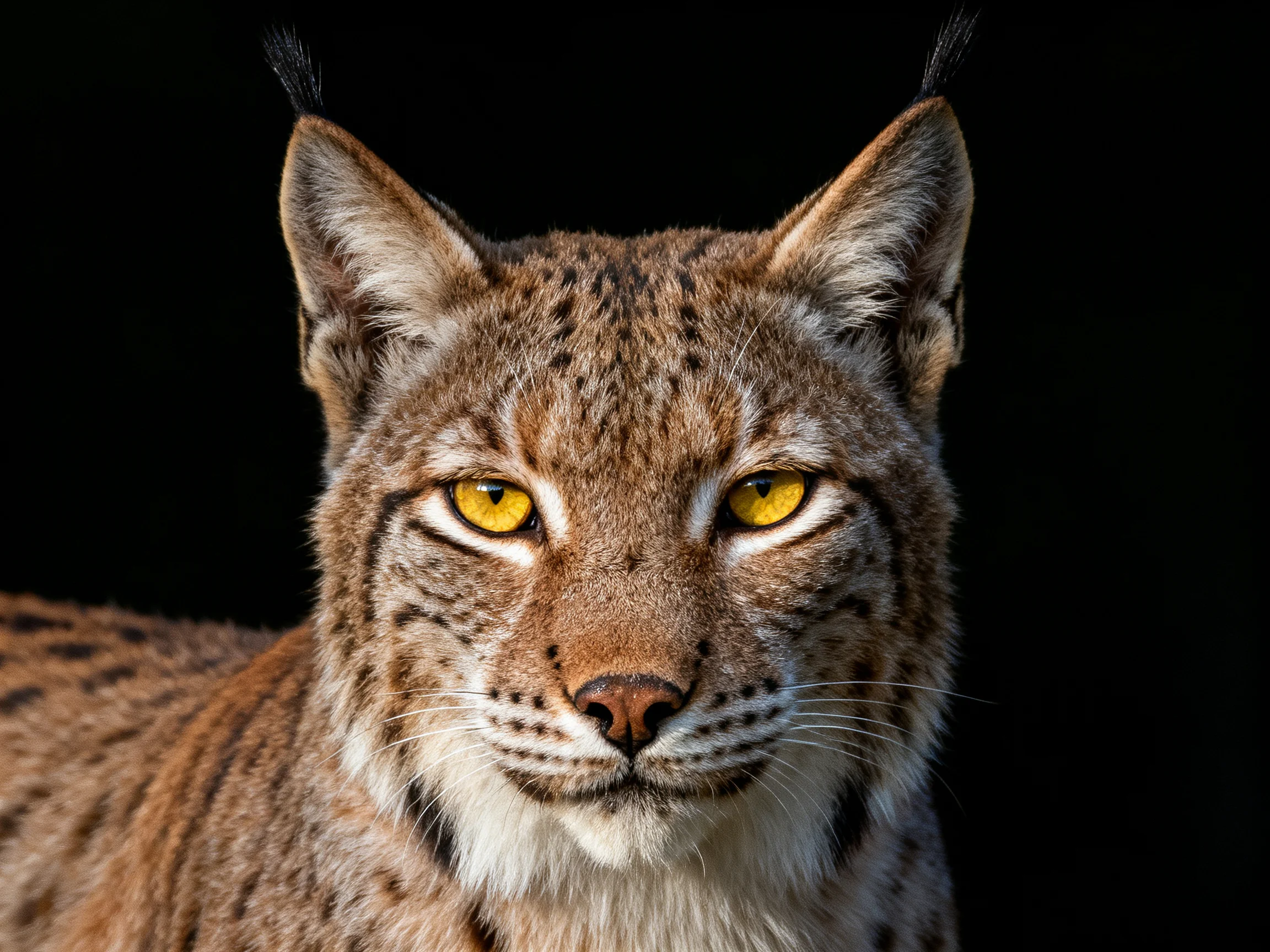 A lynx with bright yellow eyes and spotted fur is shown up close.