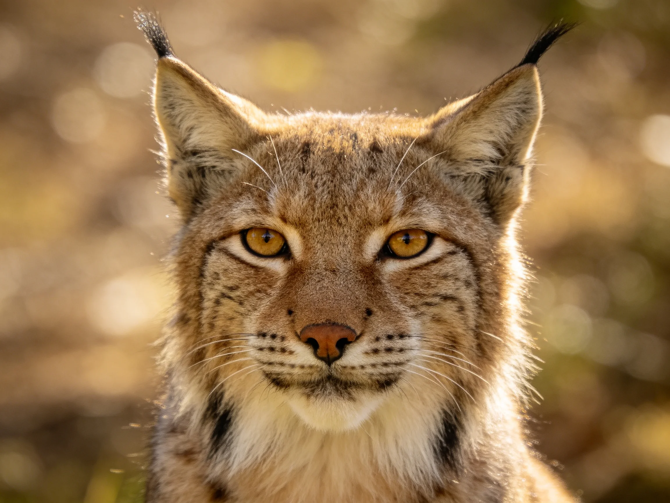 A close - up of a lynx with golden eyes and brown spotted fur