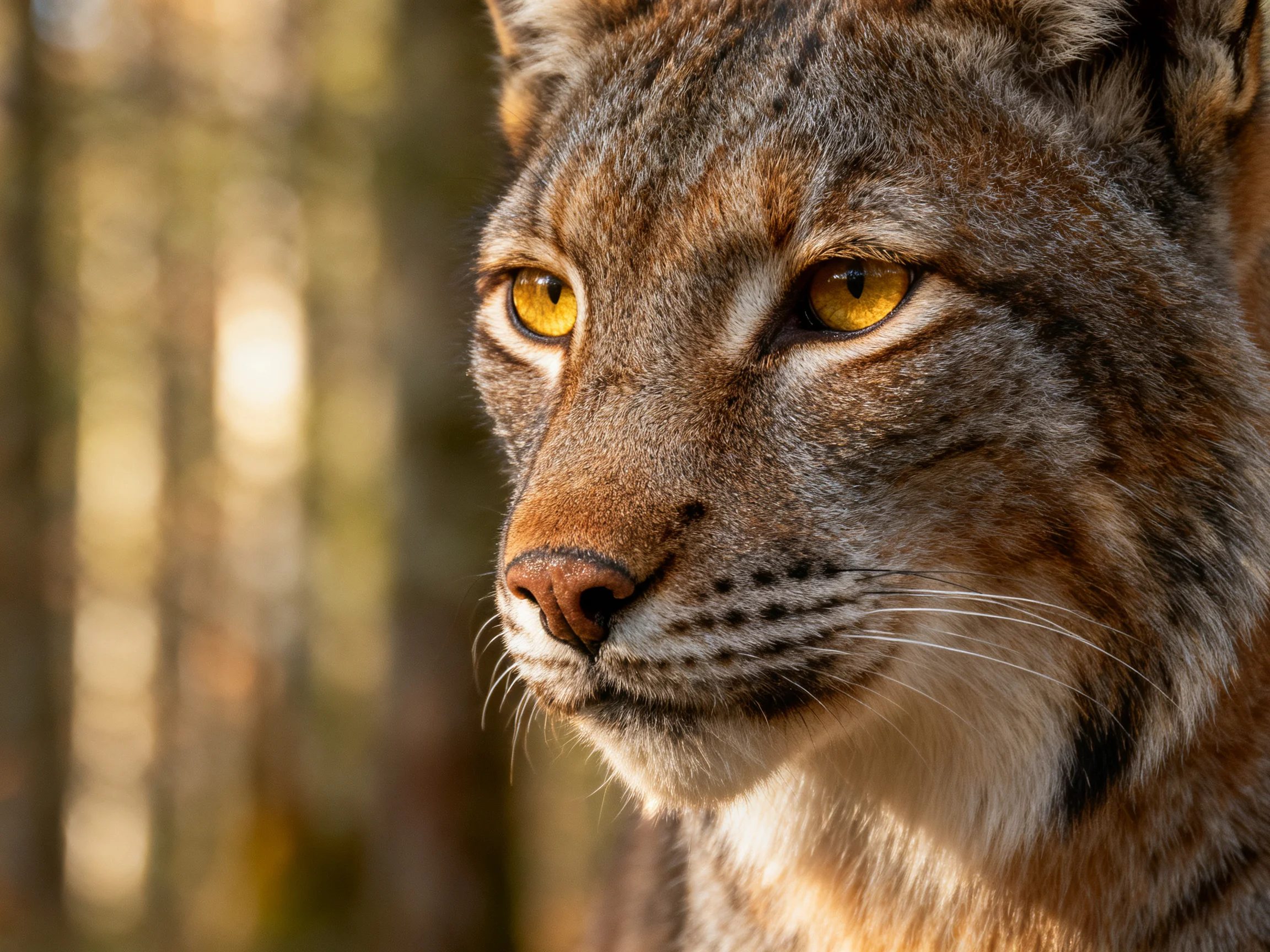 A lynx with golden eyes gazes thoughtfully amid sunlit woodland.