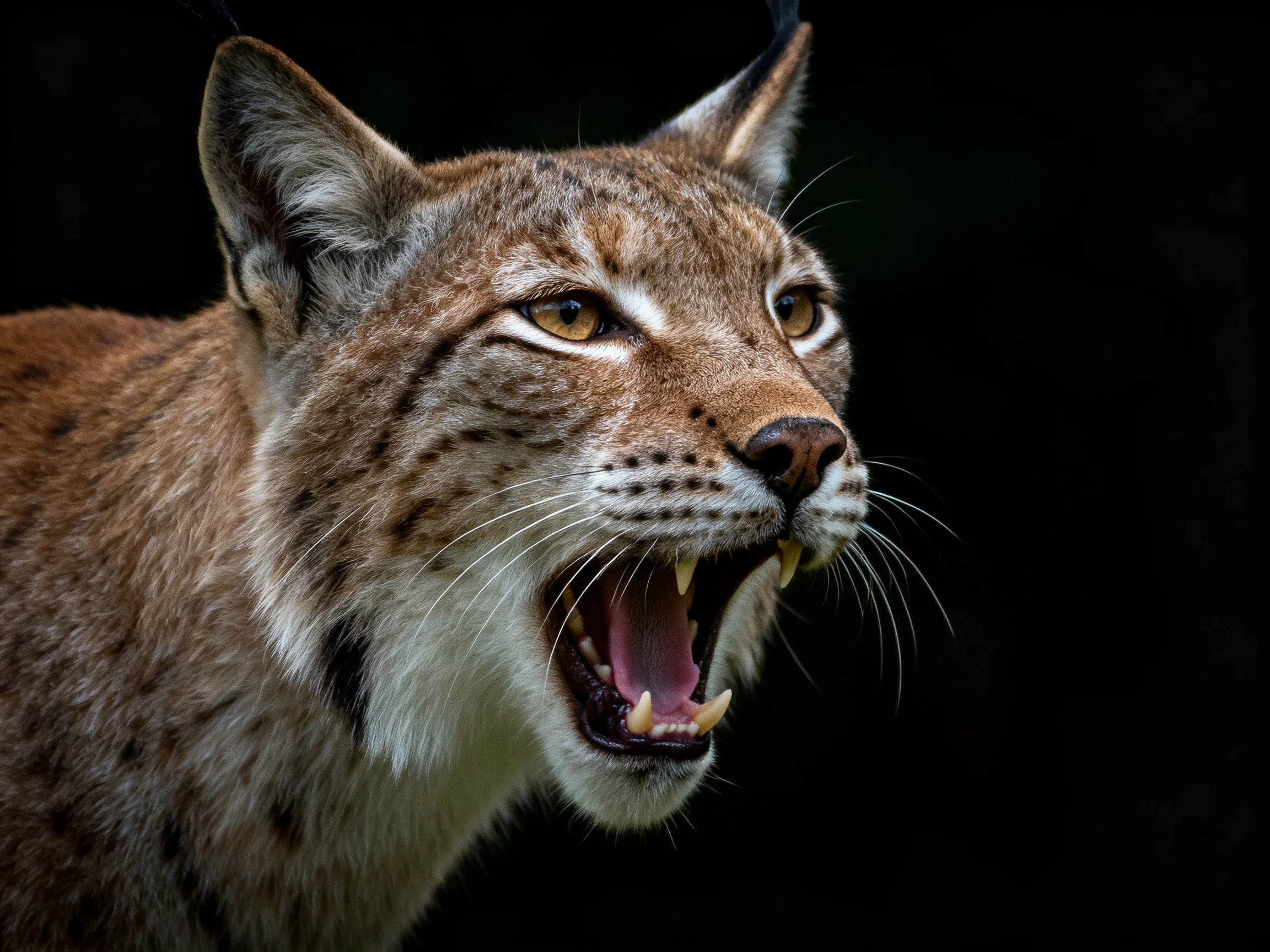 A lynx with an open mouth is shown up close against a dark background.