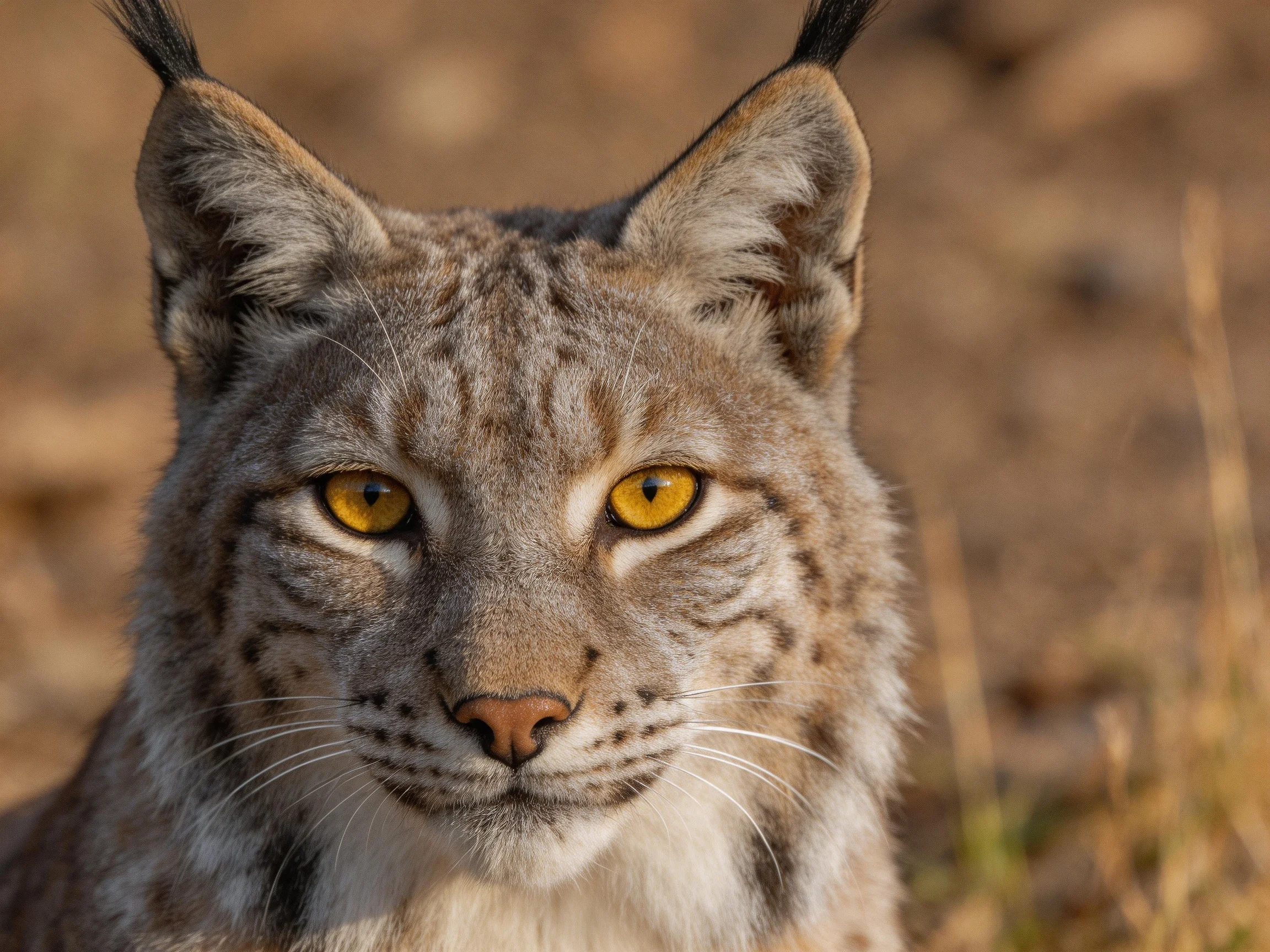 A close - up of a lynx with striking yellow eyes and tufted ears