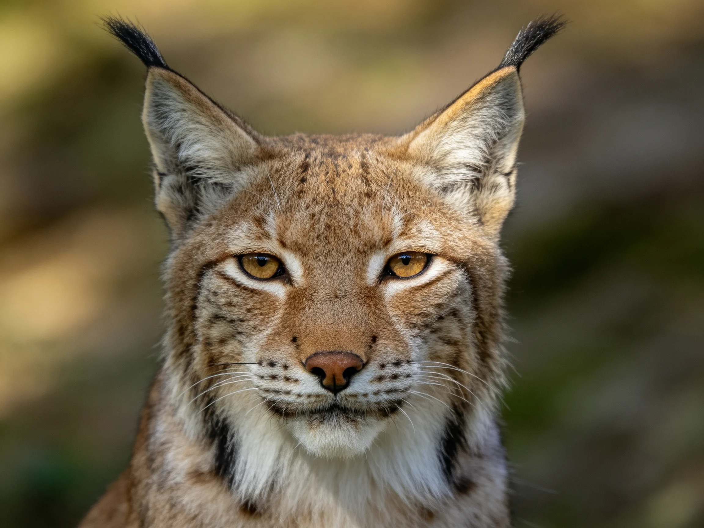 A close-up of a lynx with tufted ears and golden eyes