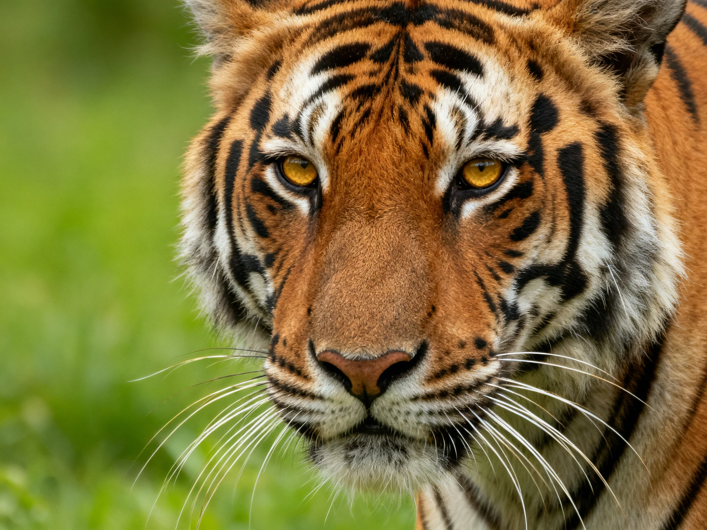 A close-up showcases a majestic orange tiger with bold black stripes.