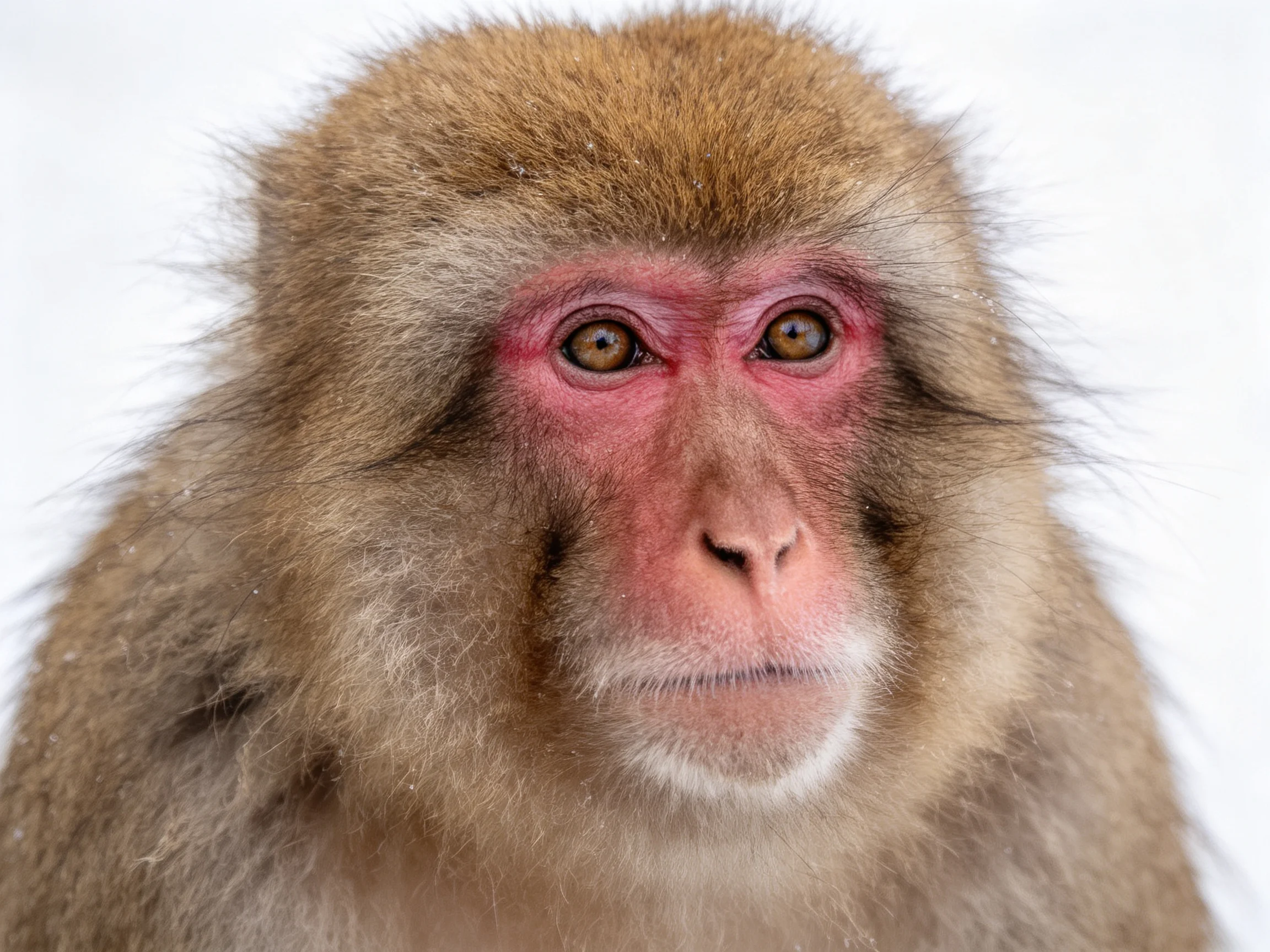 A close - up of a monkey withpink facial skin and brown fur