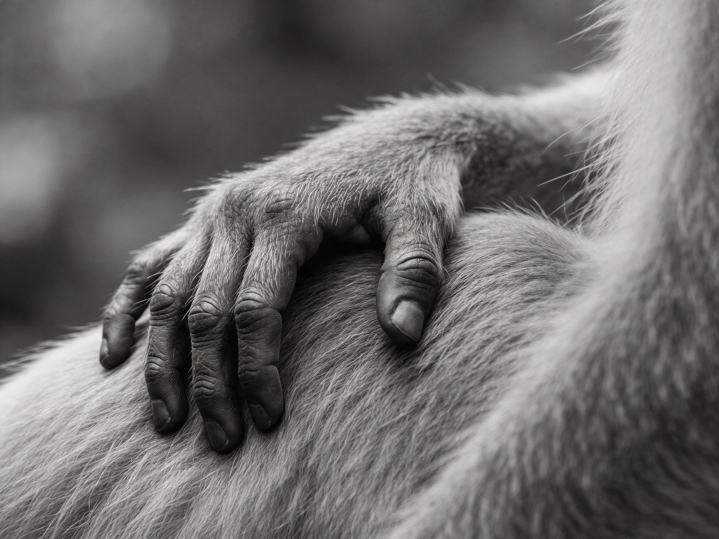 A close - up of a monkey’s hand resting on soft fur in monochrome