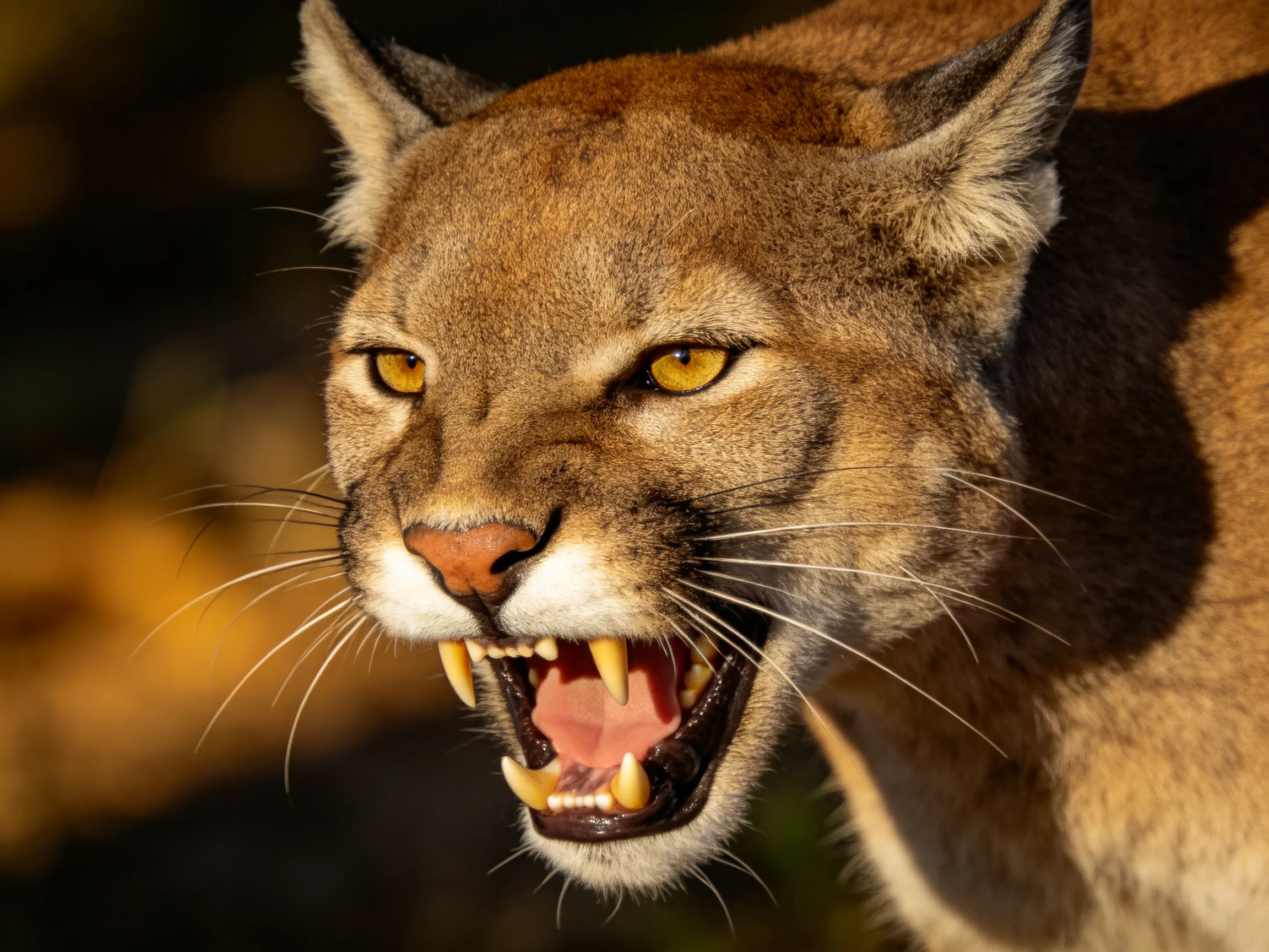 A mountain lion displays its sharp teeth and golden eyes in a close - up.