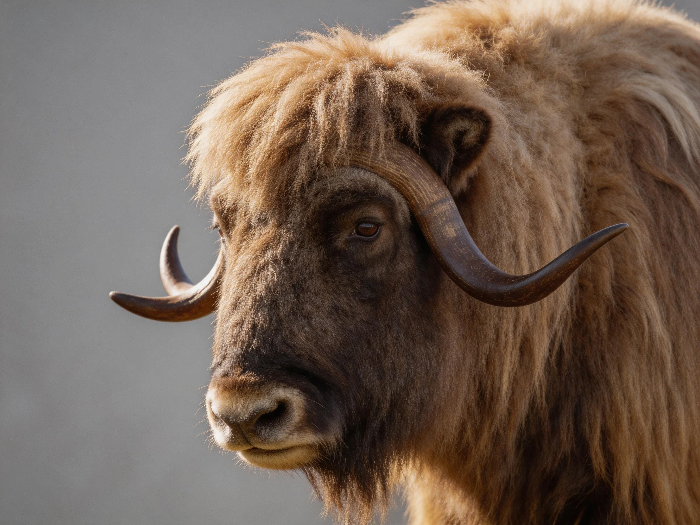 A close - up of a musk ox with thick brown fur and curved horns