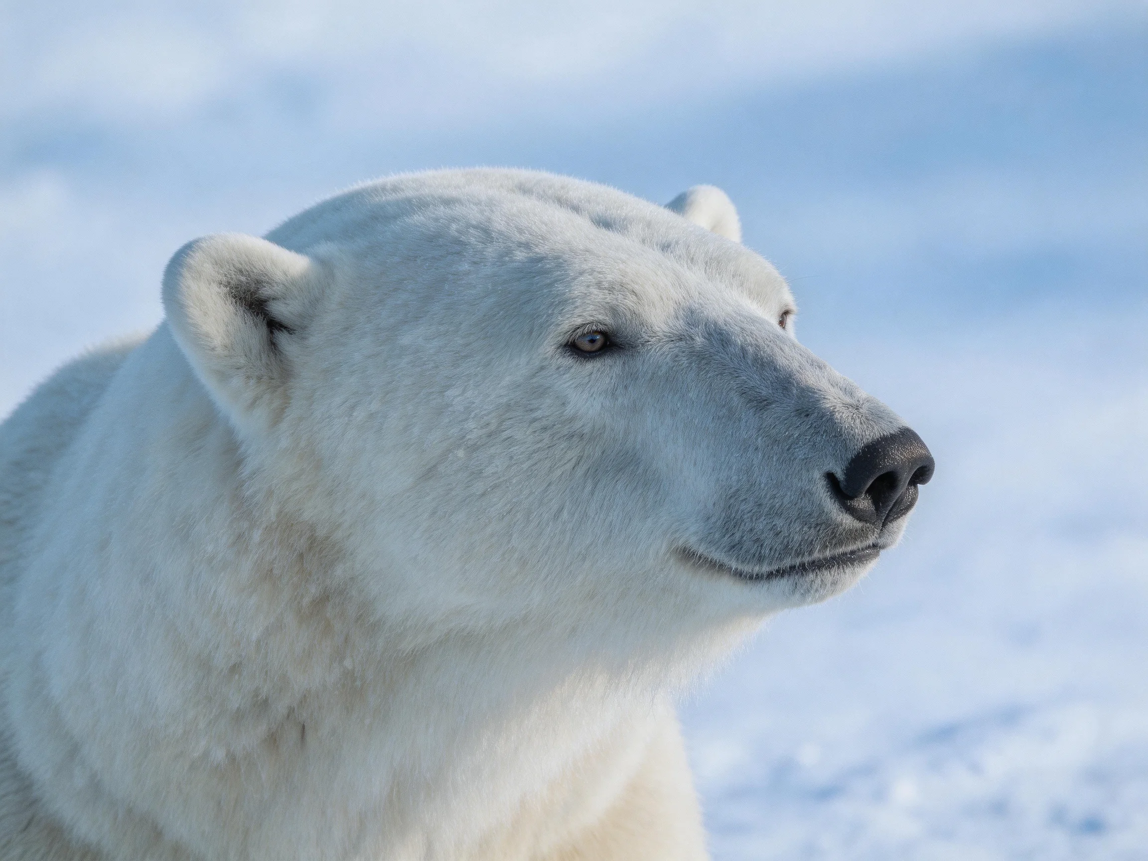 A polar bear with thick white fur stands in a snowy landscape.