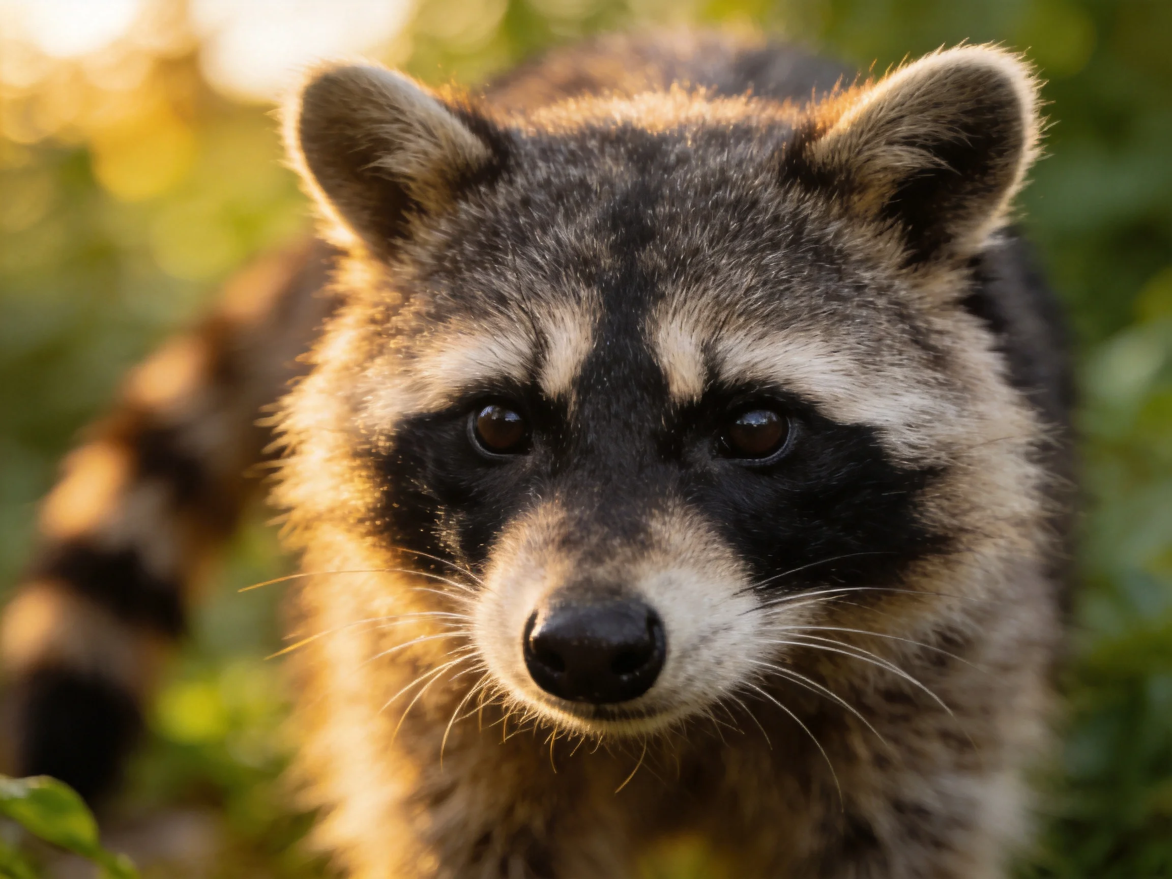 A close-up of a raccoon with black facial markings and earth-toned fur